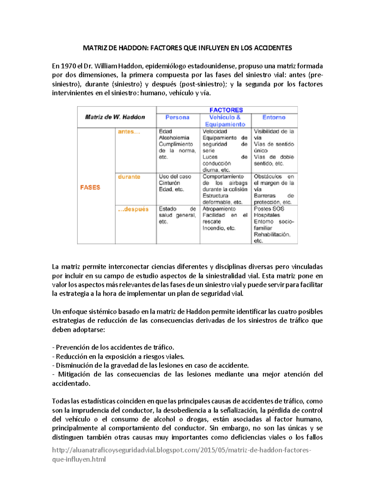 Matriz de Haddon: Factores en Accidentes Viales y Estrategias de ...
