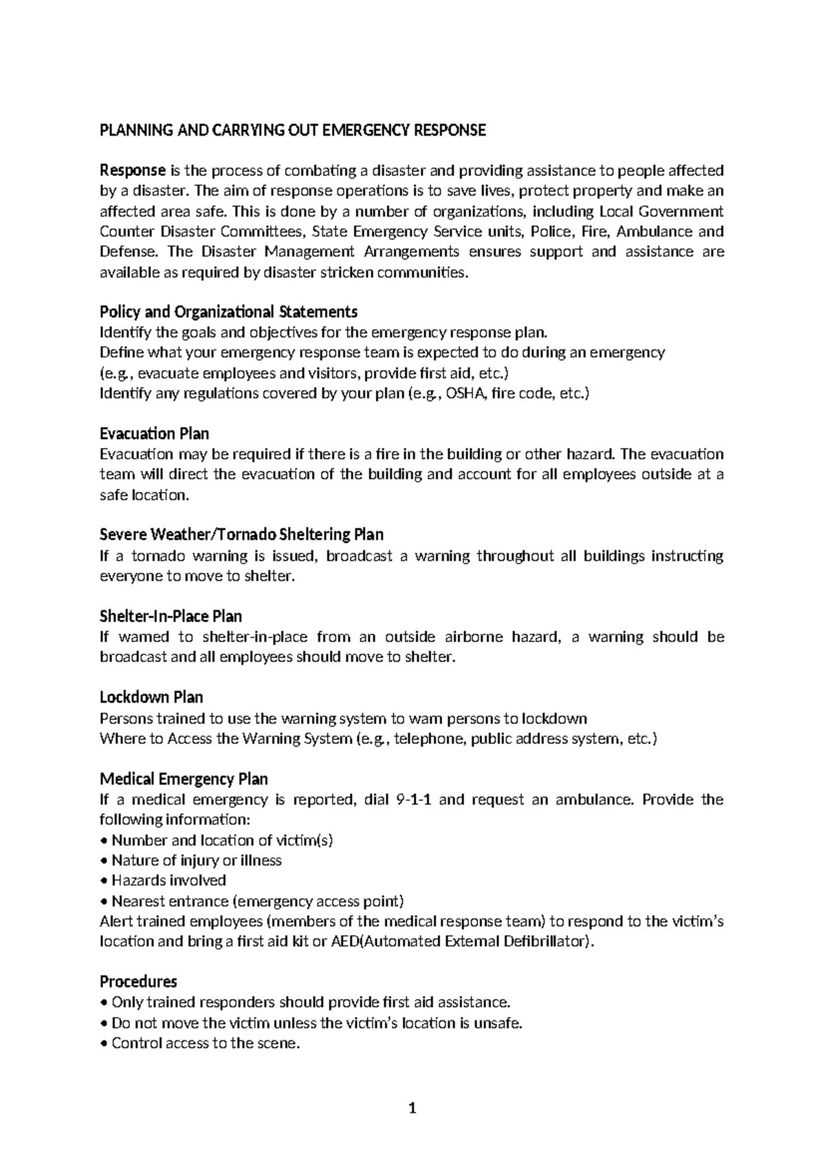 Planning and Carrying Out Emergency Response - Lec 4 Notes - Studocu