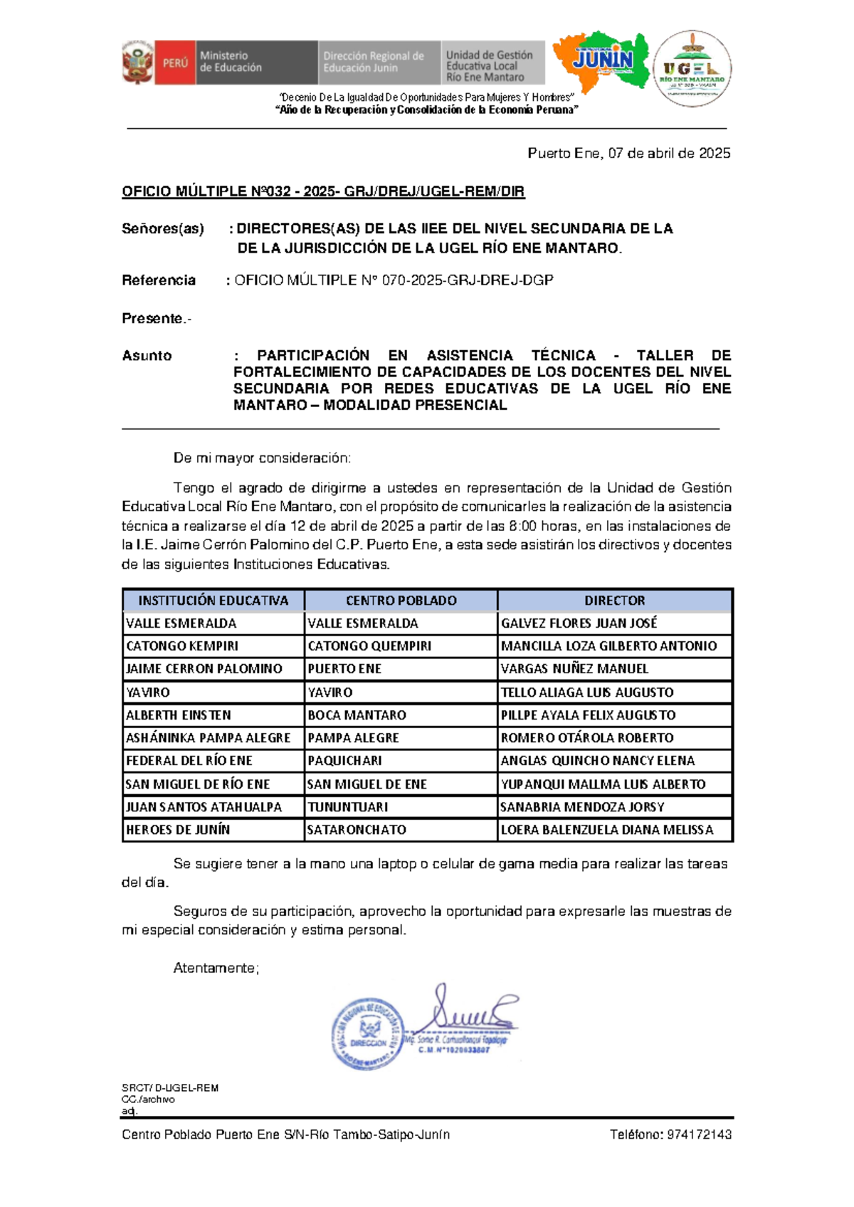 Oficio Múltiple 032-2025-GRJ-DREJ-UGEL-REM: Taller para Docentes ...