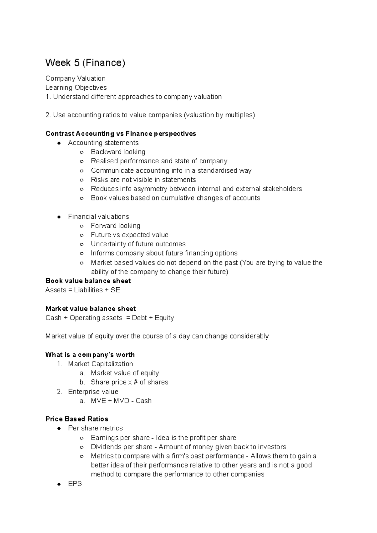 COMM1140 WEEK 5 Finance Valuation Techniques and Company Analysis - Studocu