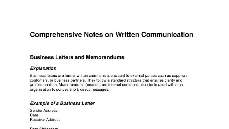 Written communication full notes examples - Comprehensive Notes on ...