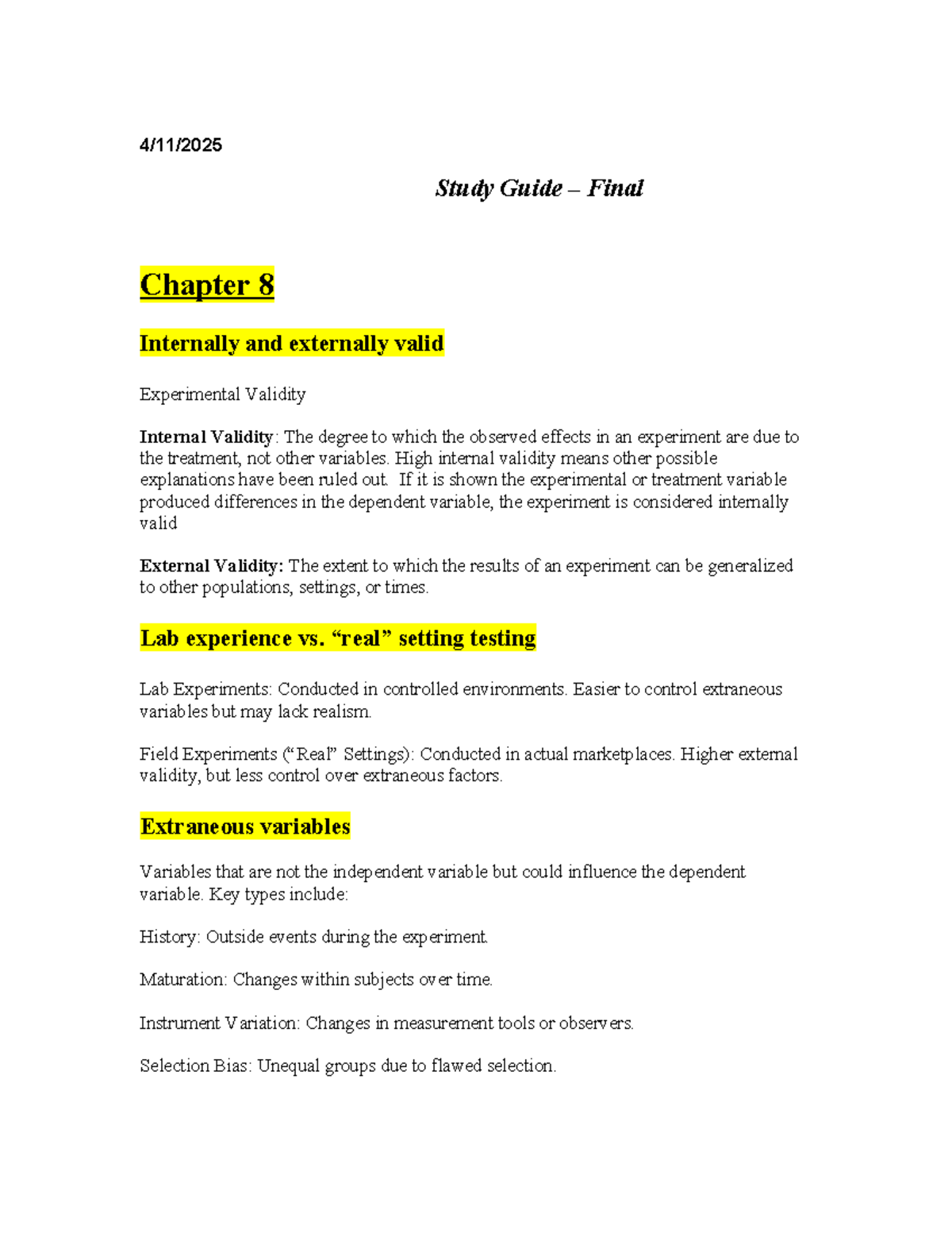 Study Guide – Final Exam on Marketing Research Principles - 4/11/ Study ...