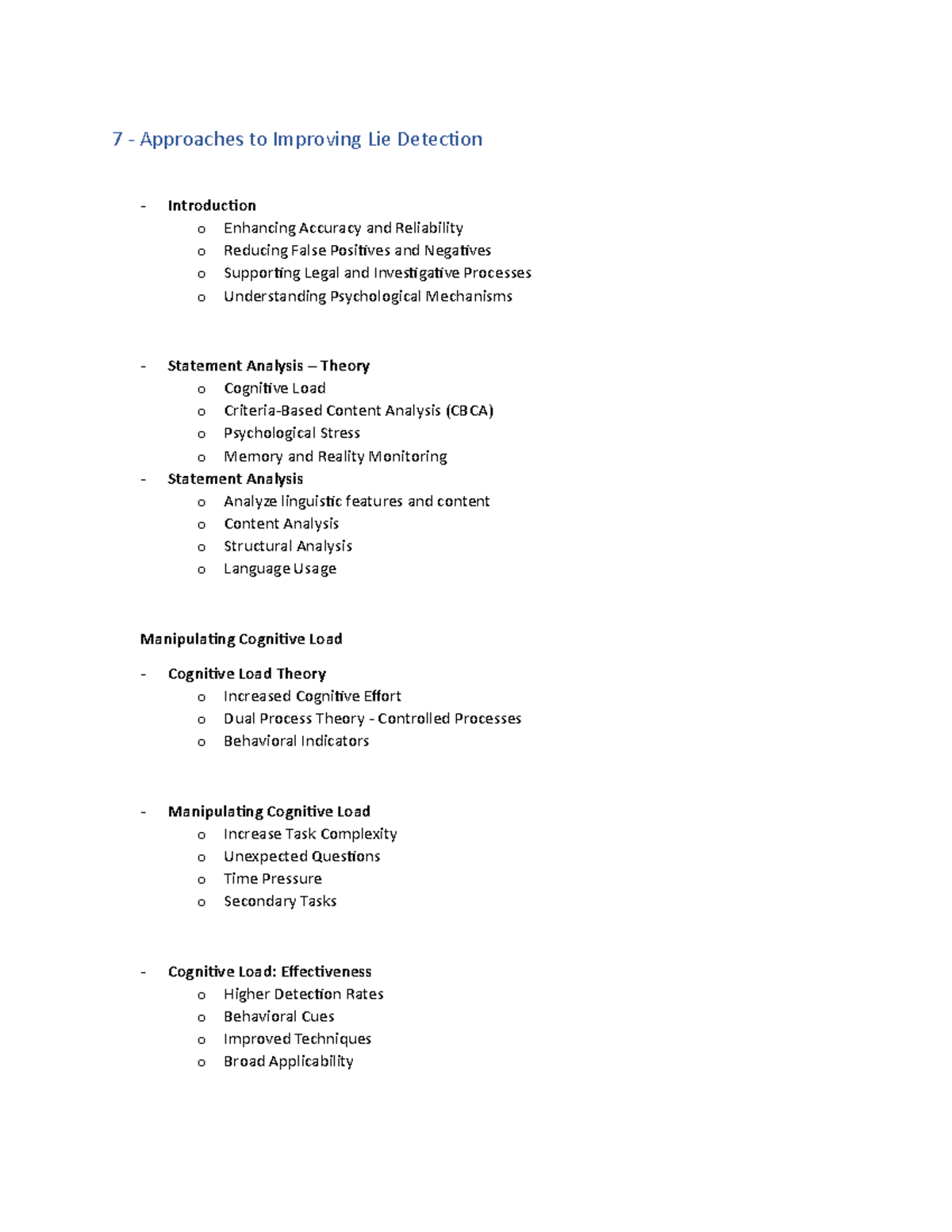 LEC7 - lecture notes for lecture 7 - 7 - Approaches to Improving Lie ...