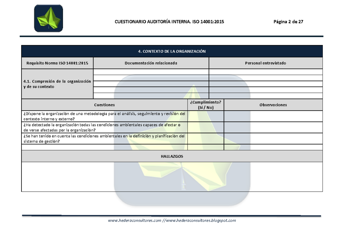 Anexo Check list auditoria ISO 14001a - CUESTIONARIO AUDITORÍA INTERNA ...