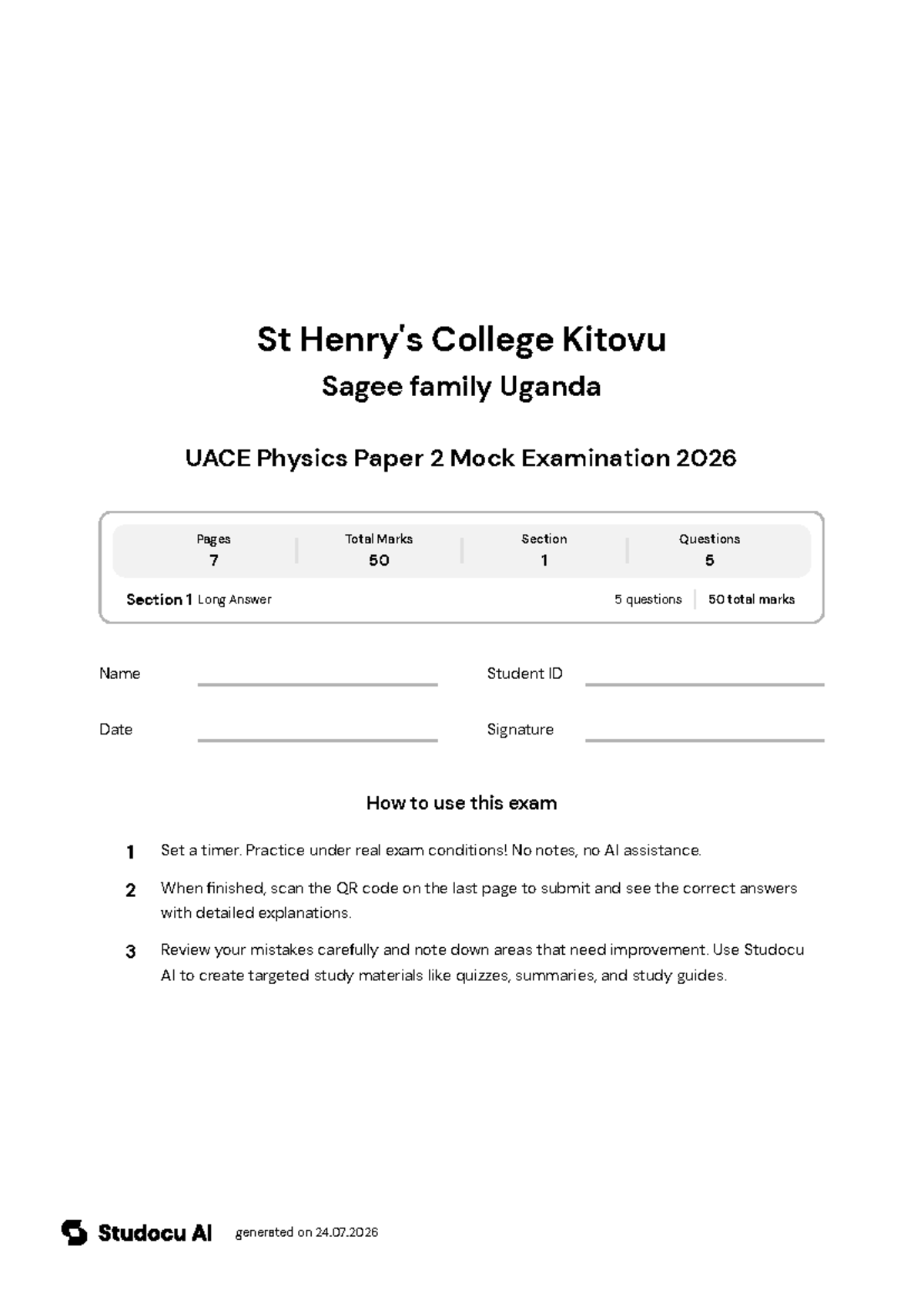 UACE Physics Paper 2 Mock Exam 2026 - Studocu