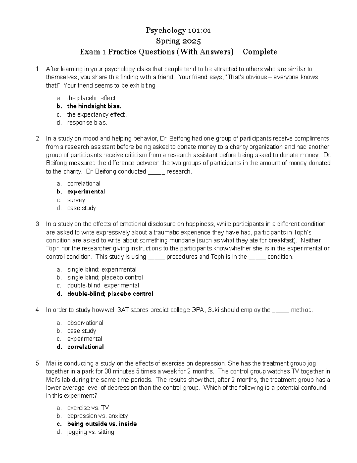 Psychology 101:01 Spring 2025 Exam 1 Practice Questions & Answers ...