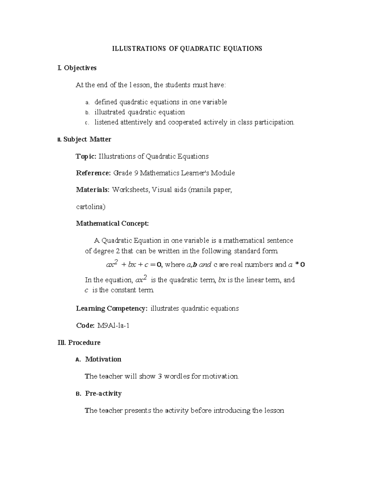 Quadratic Equations - Lesson Plan for Grade 9 Math - Studocu