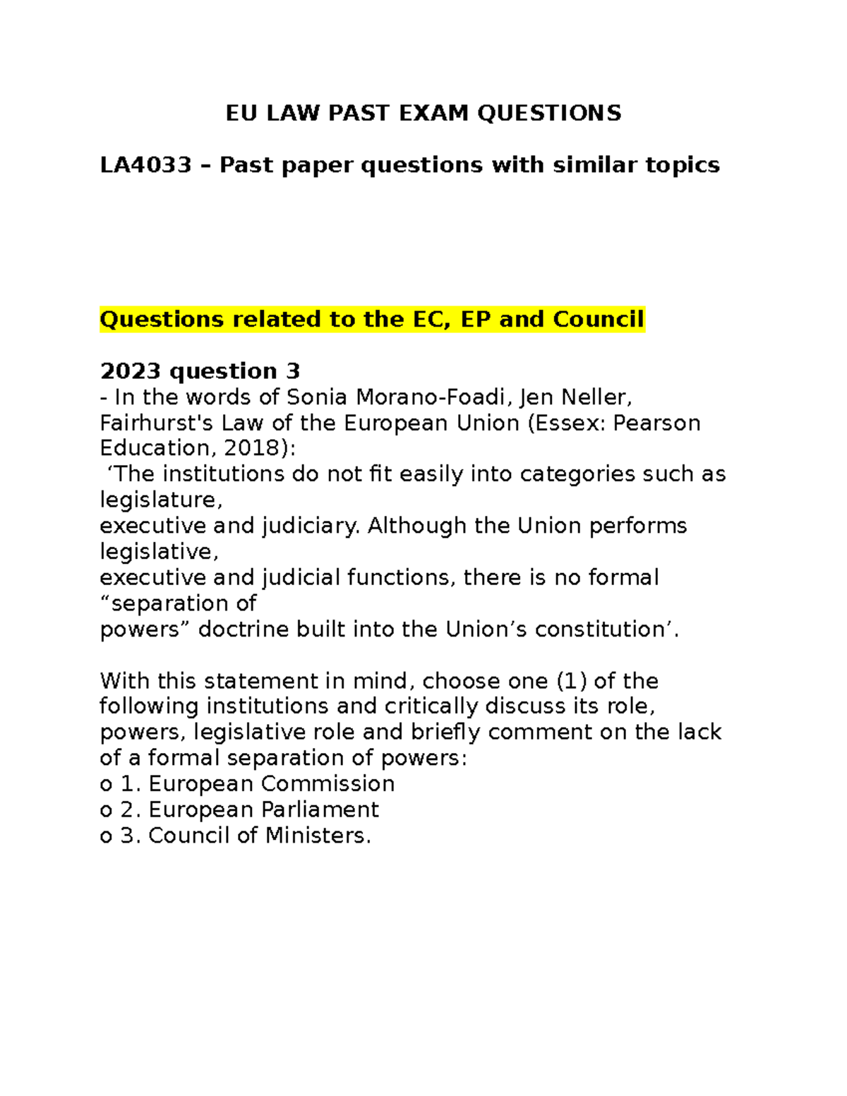 EU LAW PAST EXAM QUESTIONS LA4033: Critical Analysis of Institutions ...