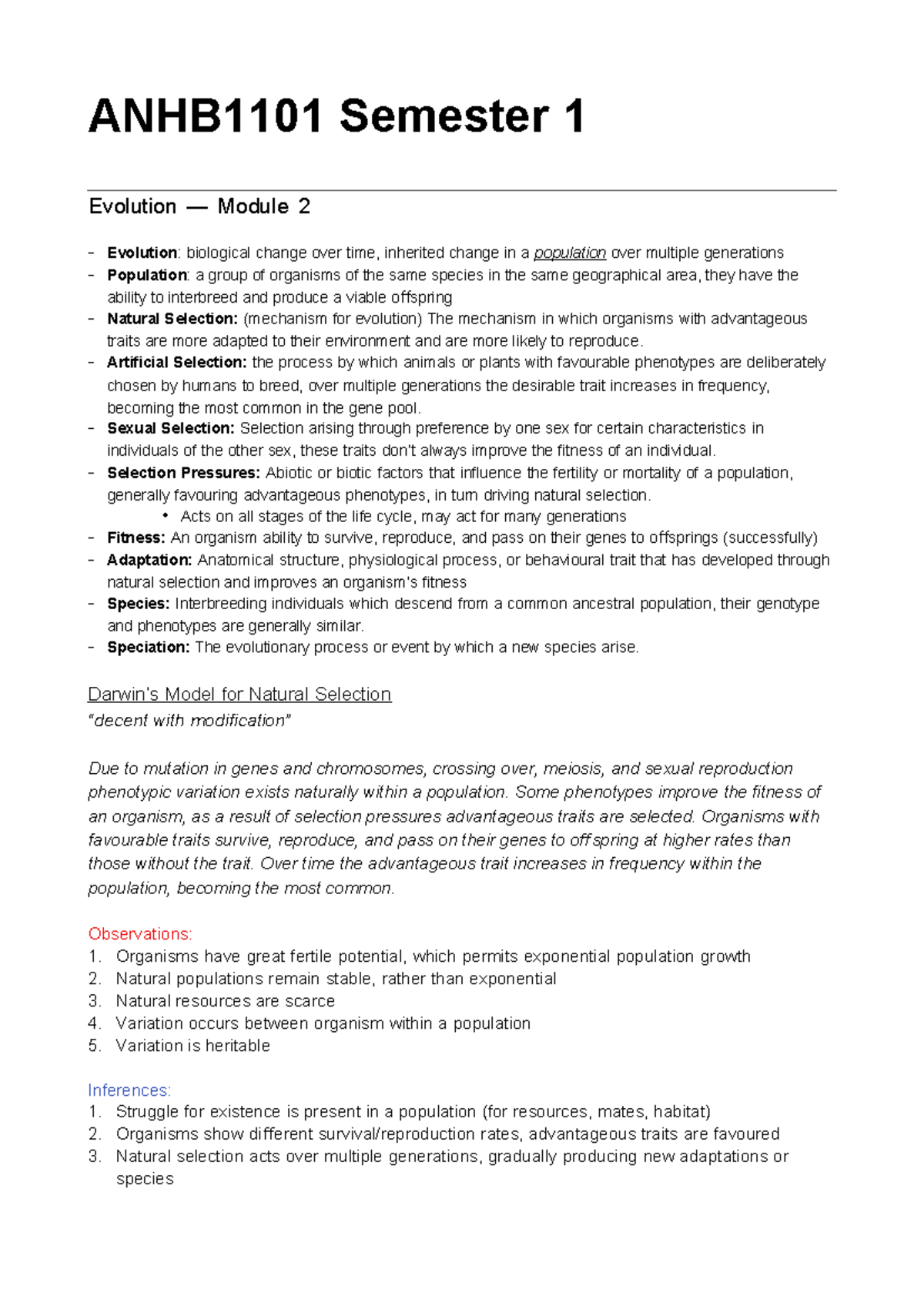 ANHB1101 Evolution Notes for Module 2: Key Concepts and Theories - Studocu