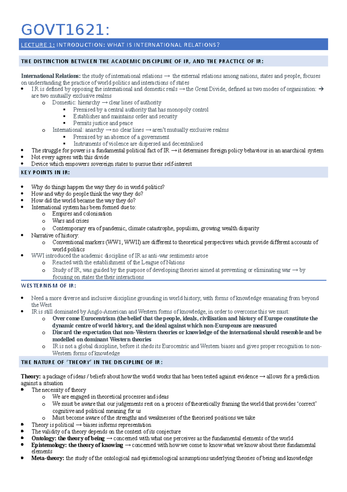 GOVT1621 Lecture Notes: Exploring International Relations and Theories ...