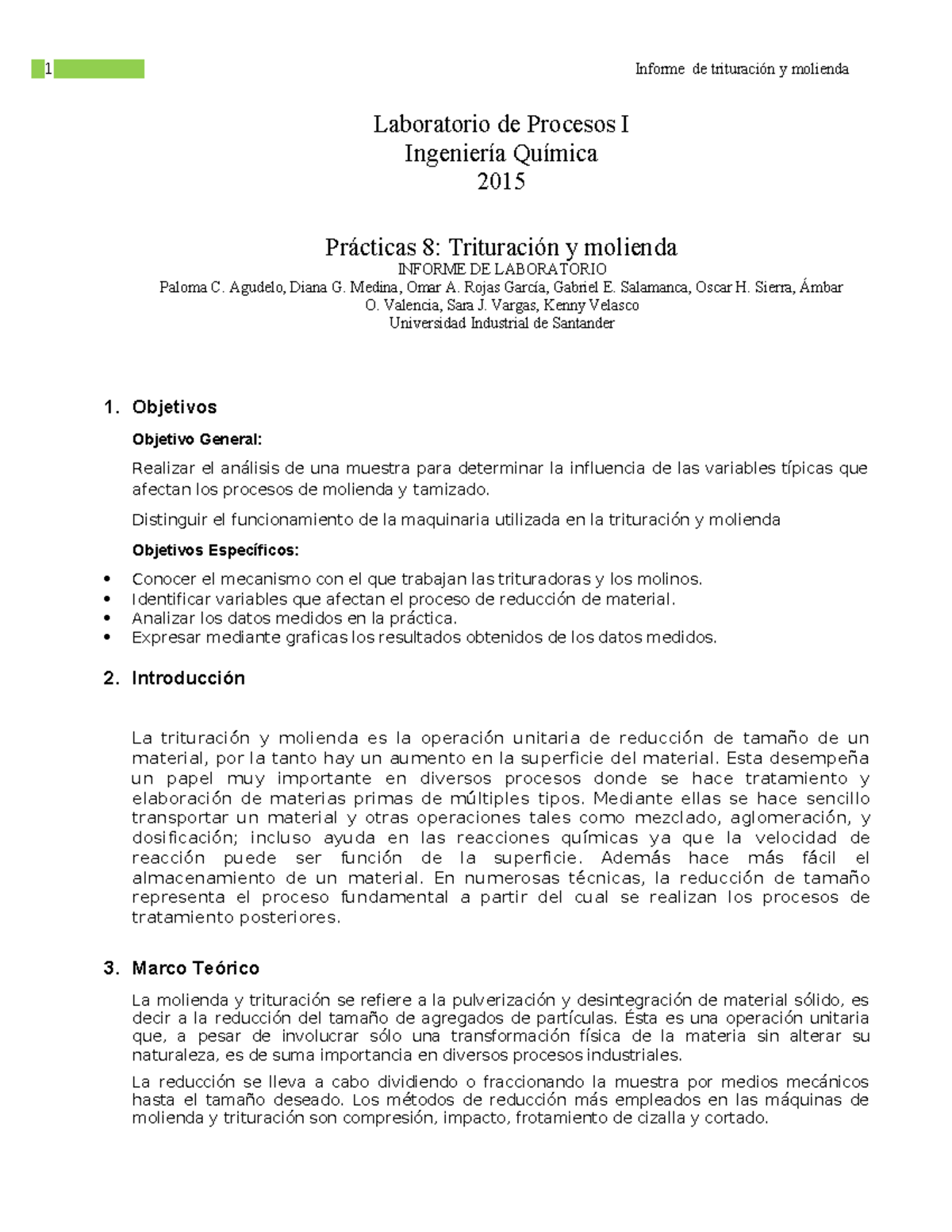 Informe Trituracion Y Molienda Compress Laboratorio De Procesos I Ingenier A Qu Mica