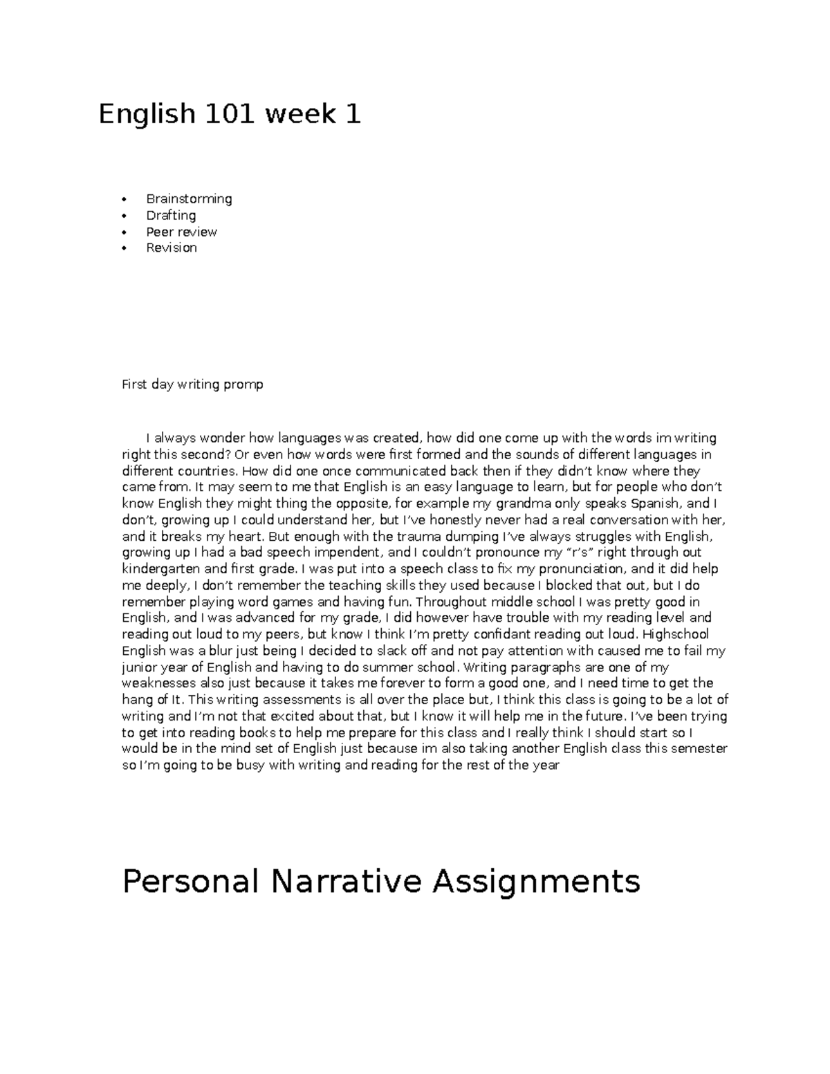 English 101 Week 1: Brainstorming, Drafting, and Peer Review Insights ...