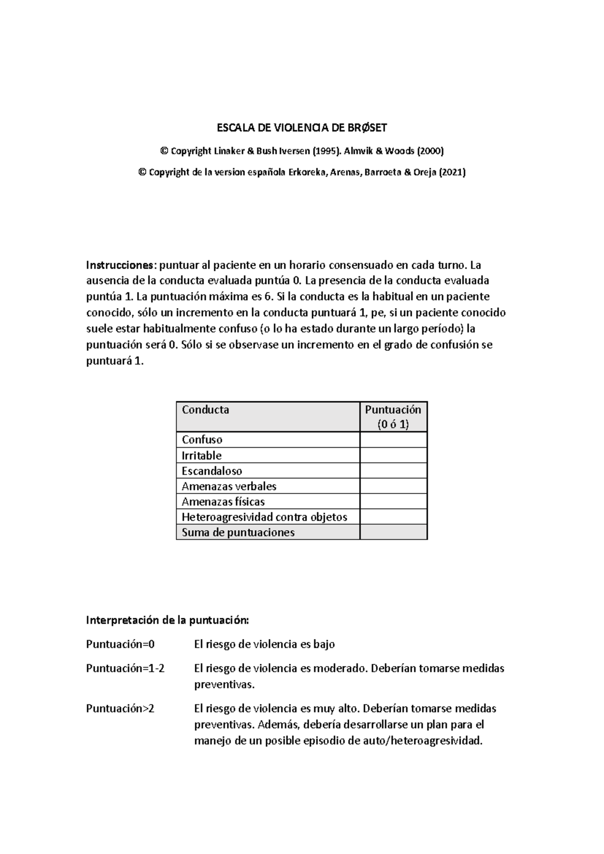 BVC Spanish Escala de Violencia de Brøset - Instrucciones y Puntuación ...