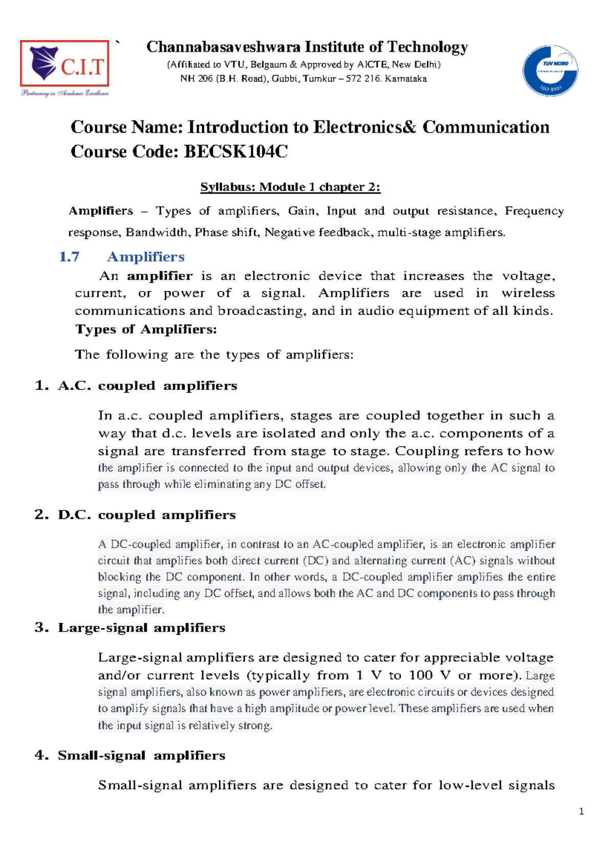 Module 1 Chapter 2 Notes on Amplifiers - BECSK104C - Studocu
