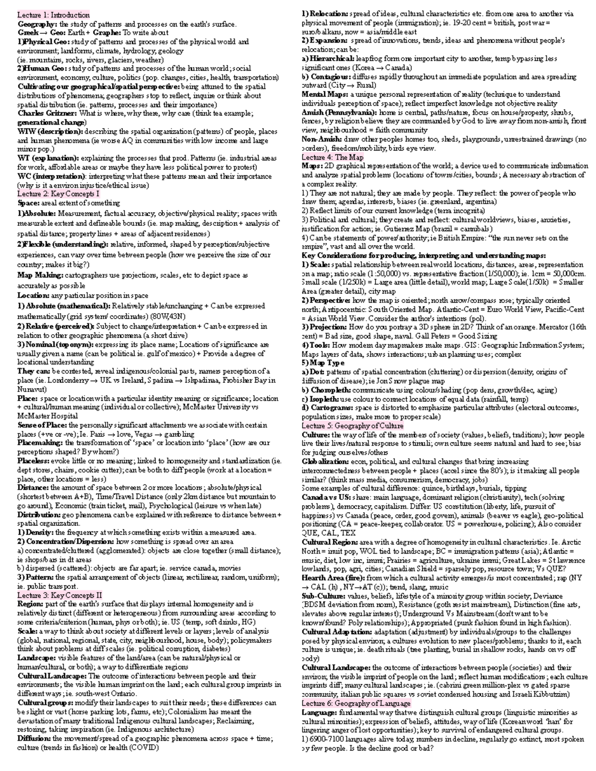 Midterm 1 Crib Sheet - ENVSOCTY 1HA3: Key Concepts in Geography - Studocu