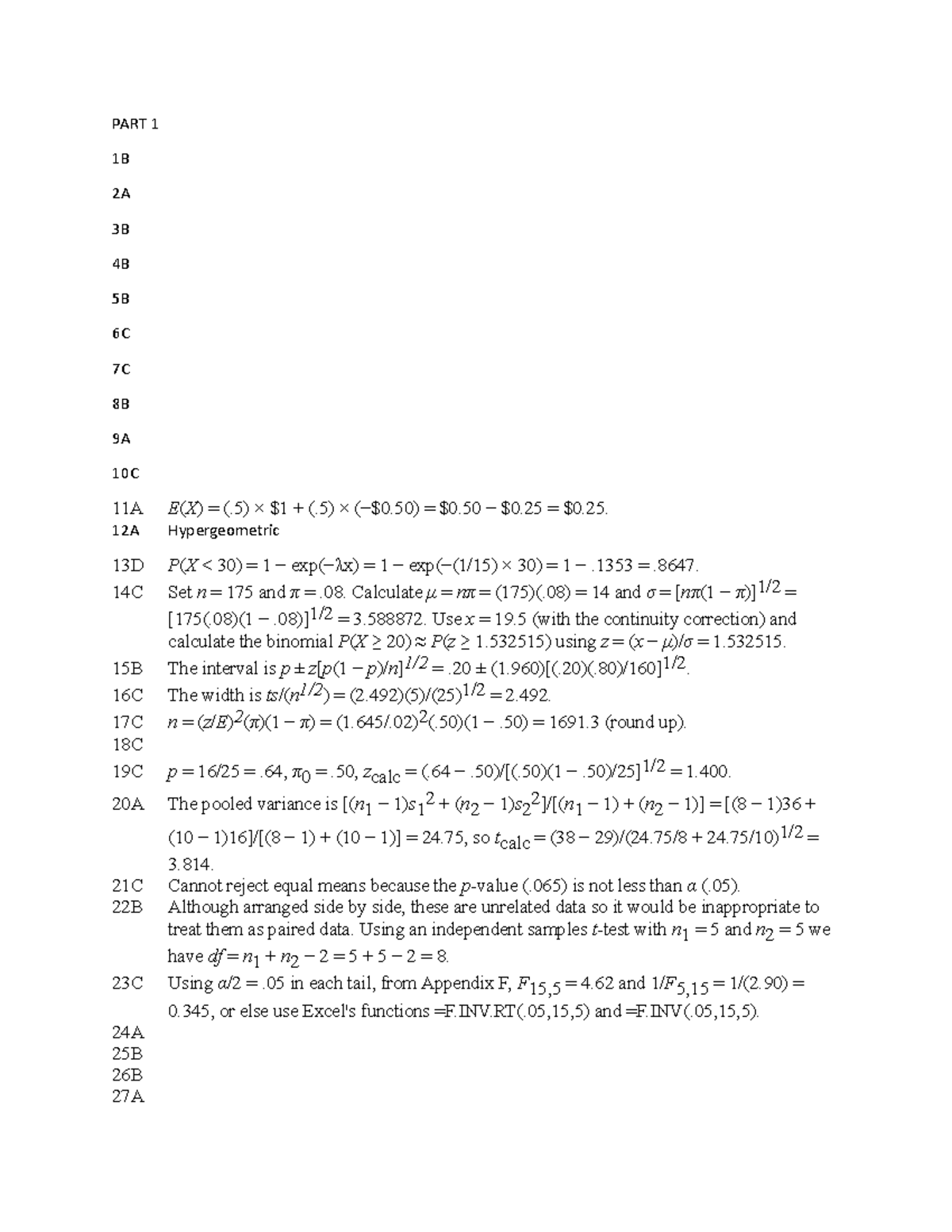 Final Exam Solutions: Sample Test for Statistics Course (STAT 101 ...