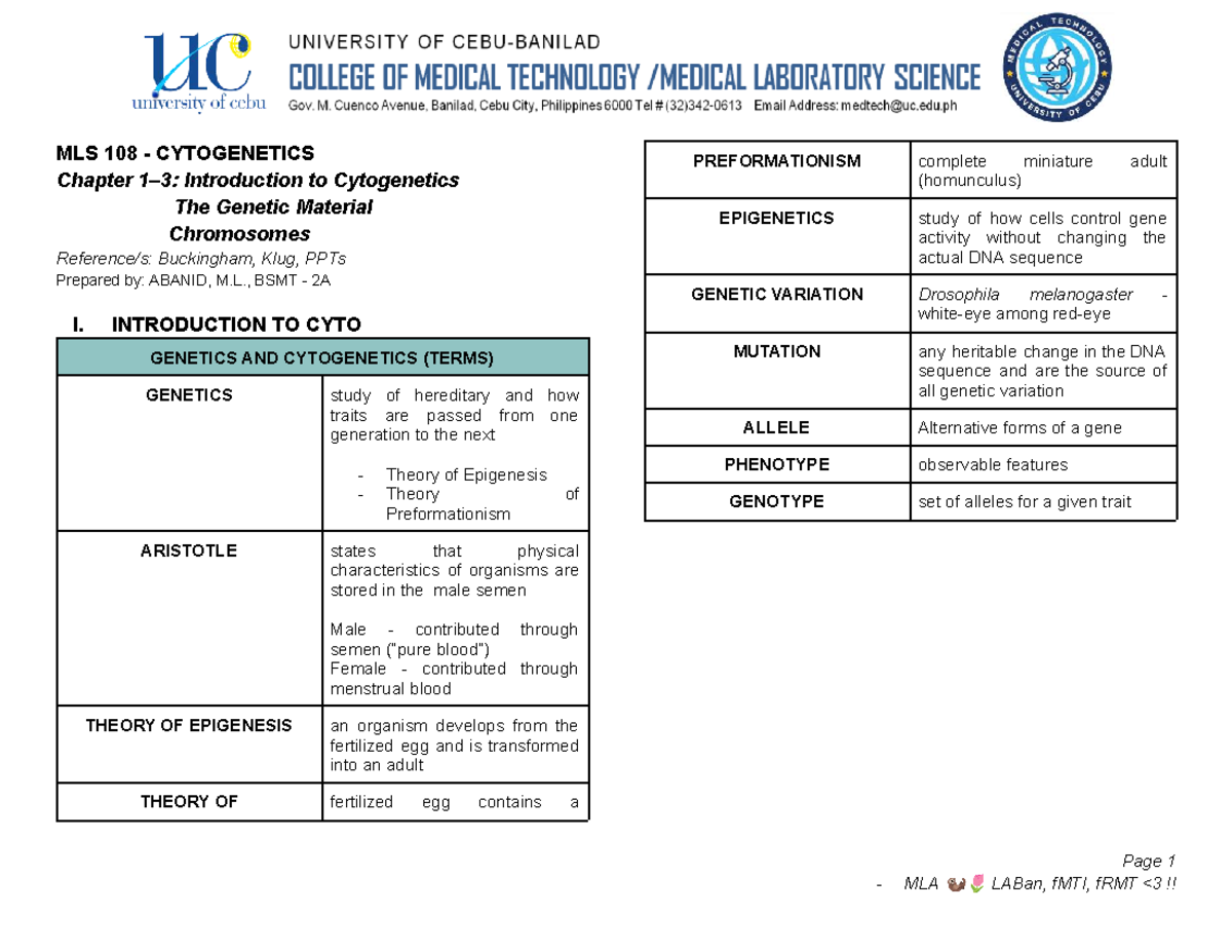 MLS 108 CYTOGENETICS Chapter Notes: Introduction to Cytogenetics - Studocu
