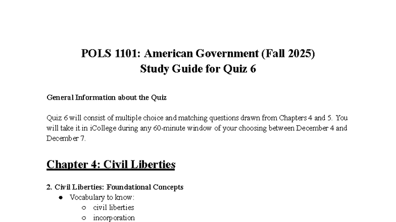 POLS 1101: Study Guide for Quiz 6 on Civil Liberties & Rights - Studocu