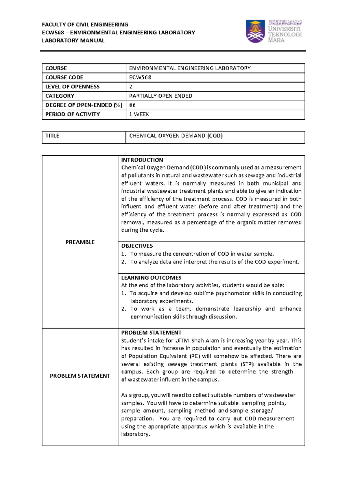 ECW568 Environmental Engineering Lab: Chemical Oxygen Demand (COD ...