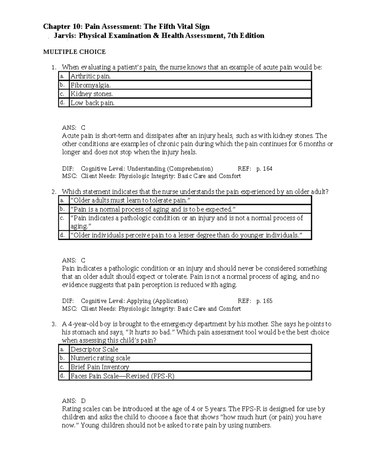 Ch 10 - Pain Assessment Questions - Chapter 10: Pain Assessment: The ...