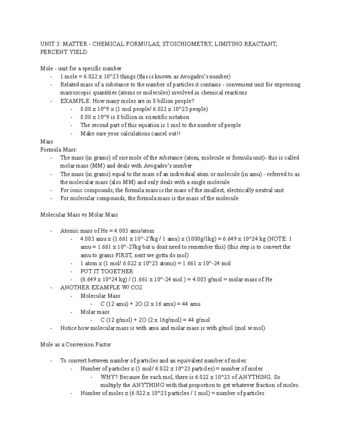 CHEM 104 UNIT 3: Matter, Chemical Formulas & Stoichiometry Notes - Studocu