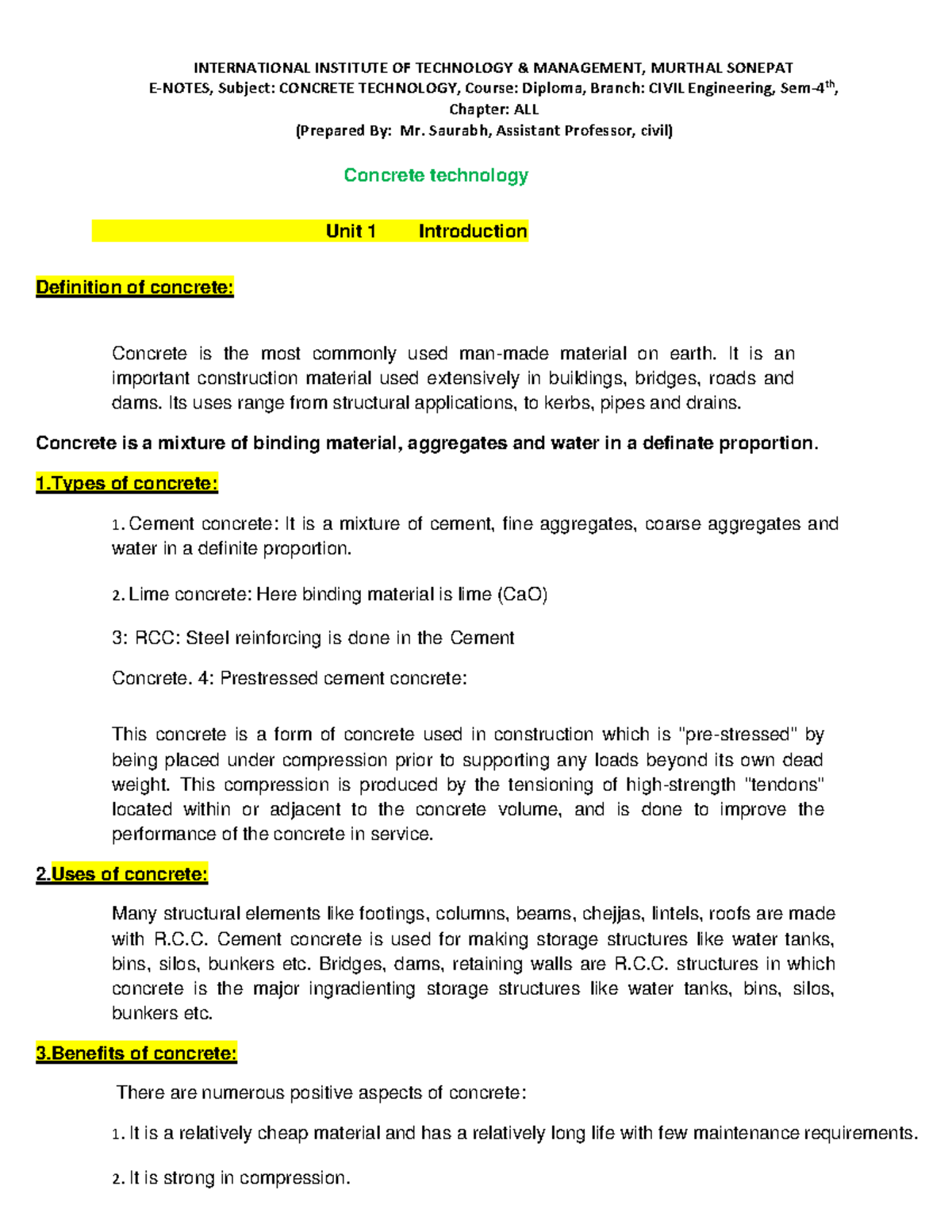 Concrete Technology E-Notes: Diploma Civil Engineering Sem-4 All ...