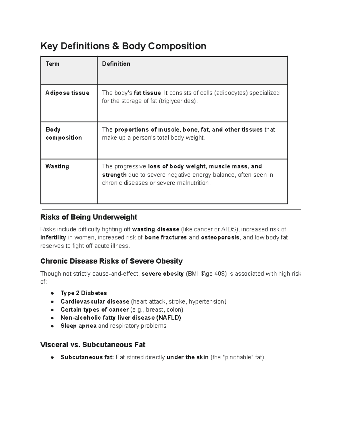 Key Definitions & Body Composition Overview - Studocu