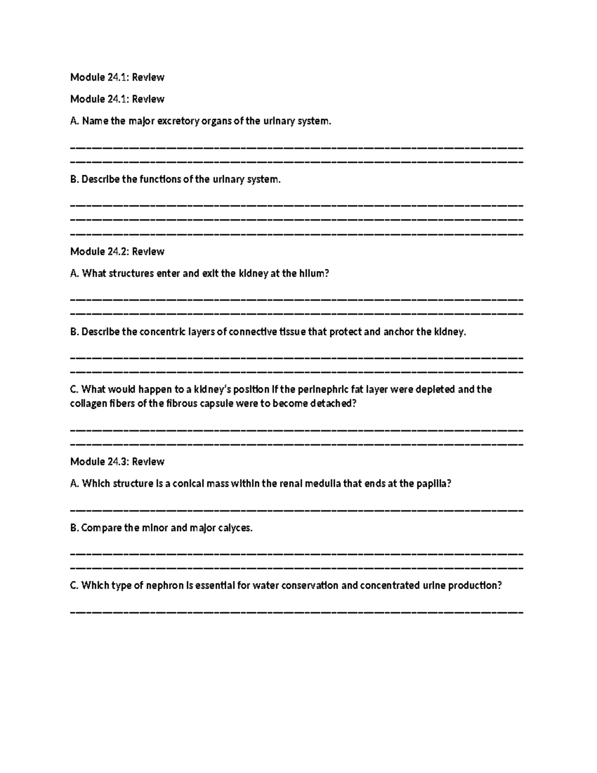 Urinary System Review Questions - Modules 24.1 to 24.18 - Studocu