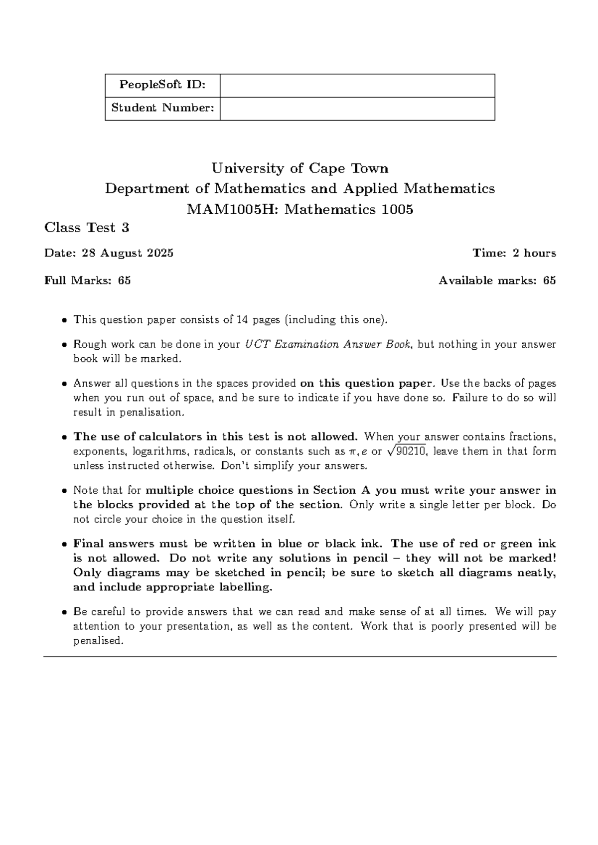 MAM1005H 2025 Mathematics Class Test 3 - Past Paper UCT - Studocu
