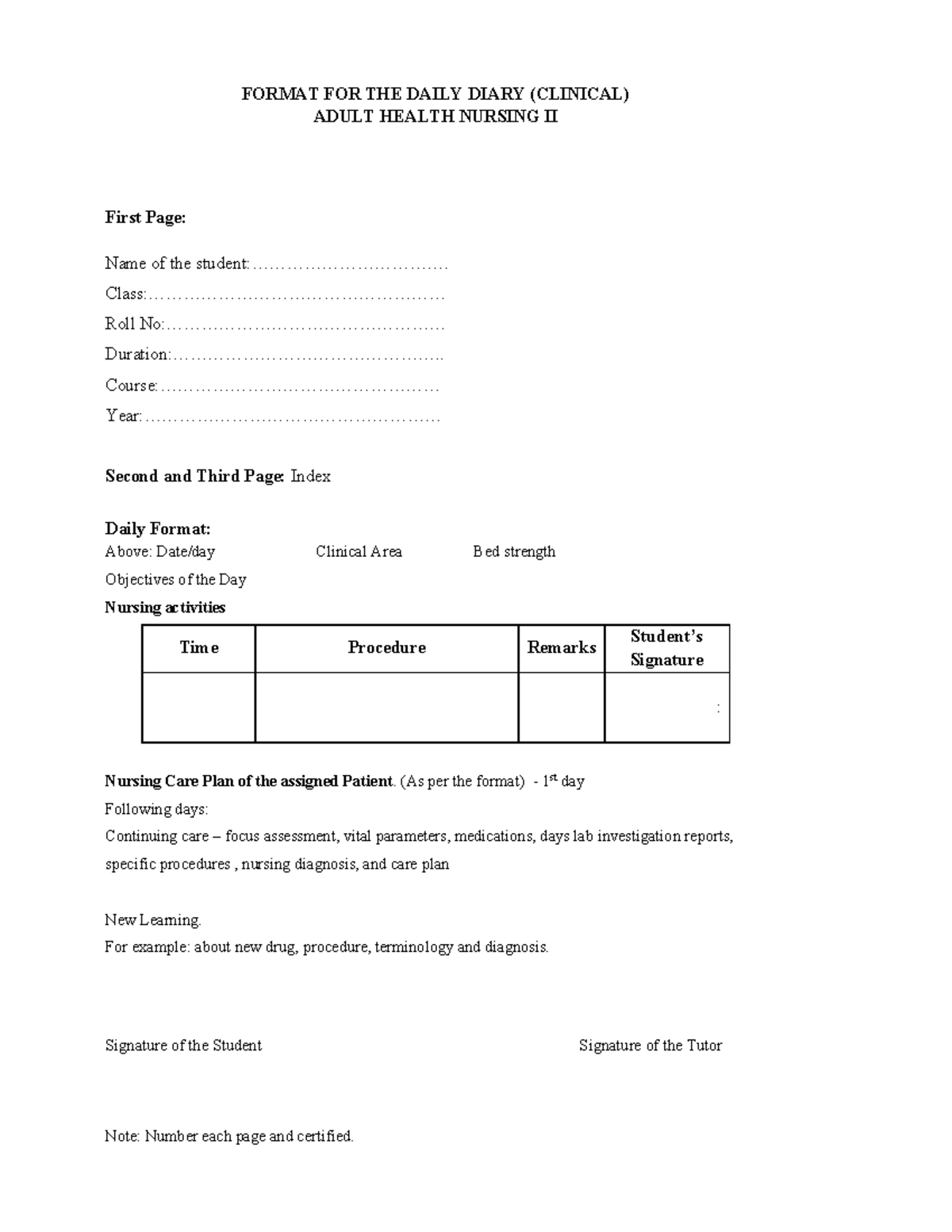 AHN-II Practical Format for Clinical Diary and Observational Reports ...