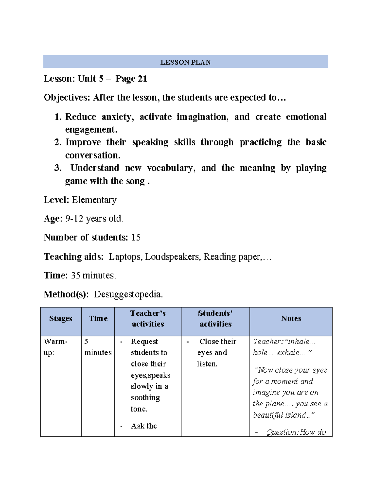 Lesson plan for unit 5: Desuggestopedia for elementary students - Studocu