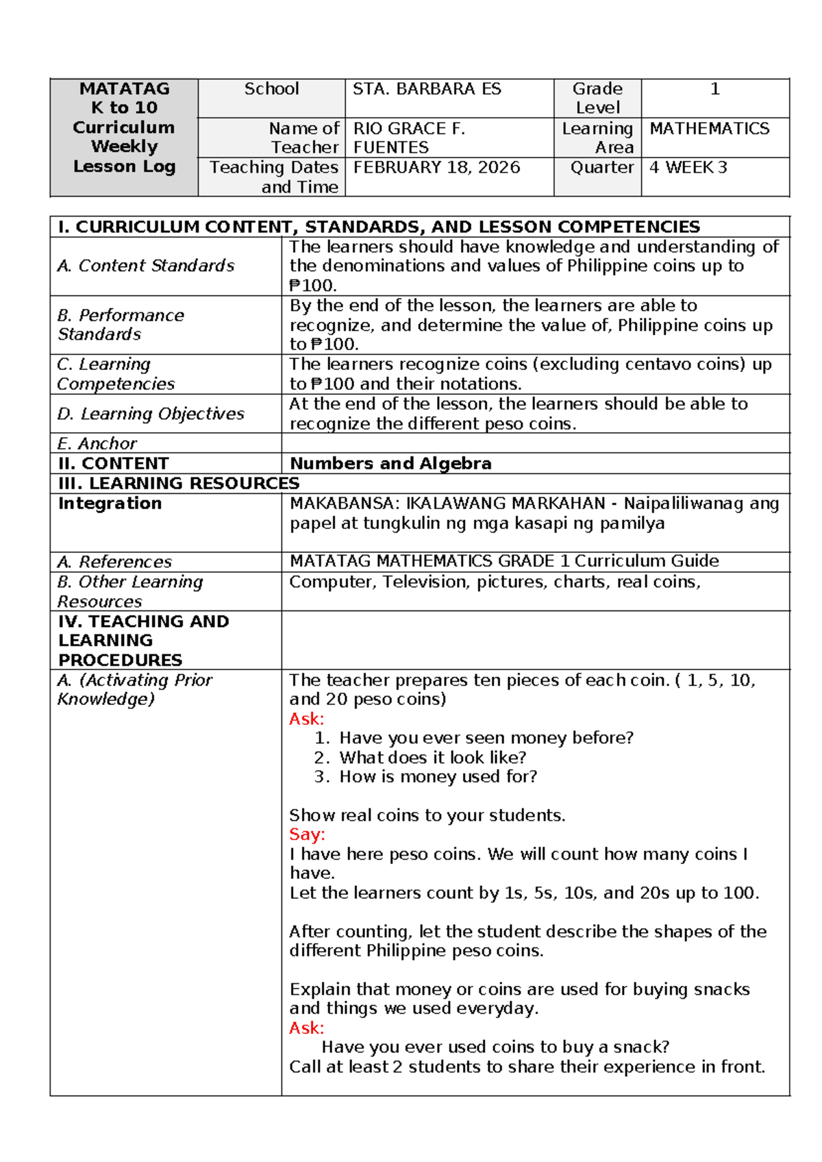 LP Grade 1 MATH Q4 W3 - Lesson Plan on Philippine Coins - Studocu