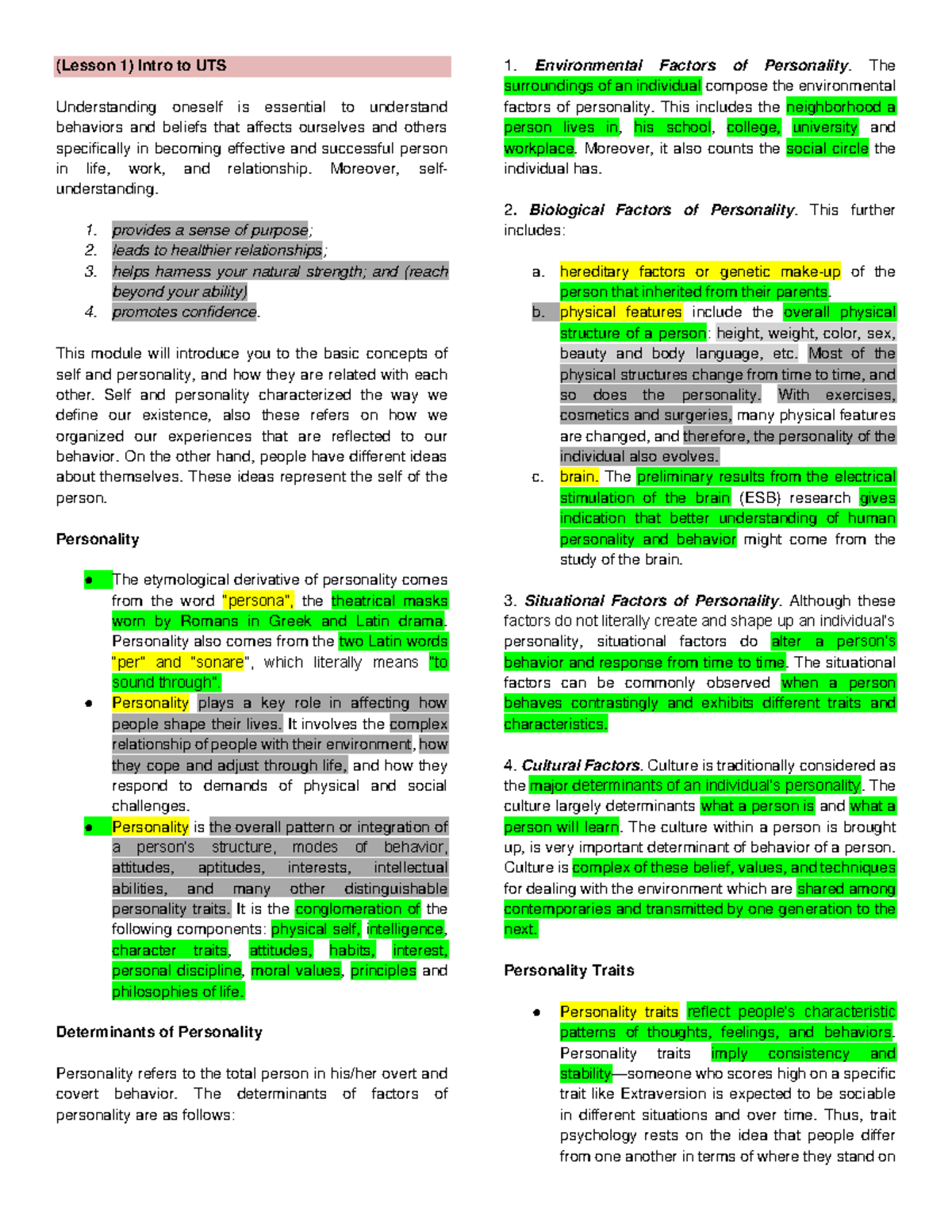 UTS Midterm Reviewer - Understanding Self and Personality Concepts ...