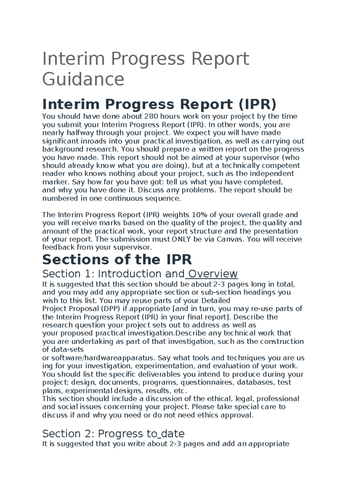 Interim Progress Report (IPR) Guidance for Project Development - Studocu