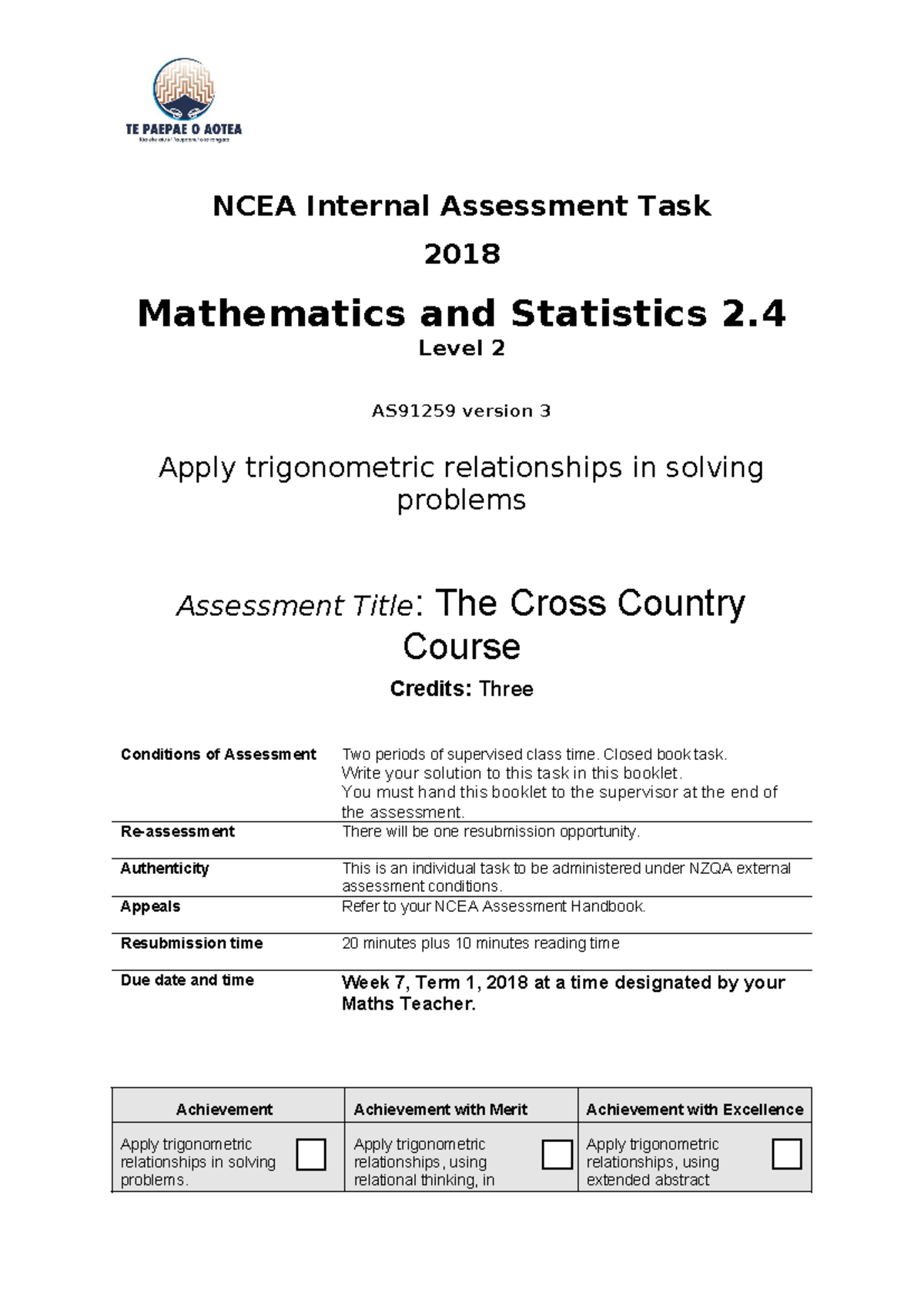 2018 L2 Maths AS91259 Trigonometry Internal Assessment Task - Studocu