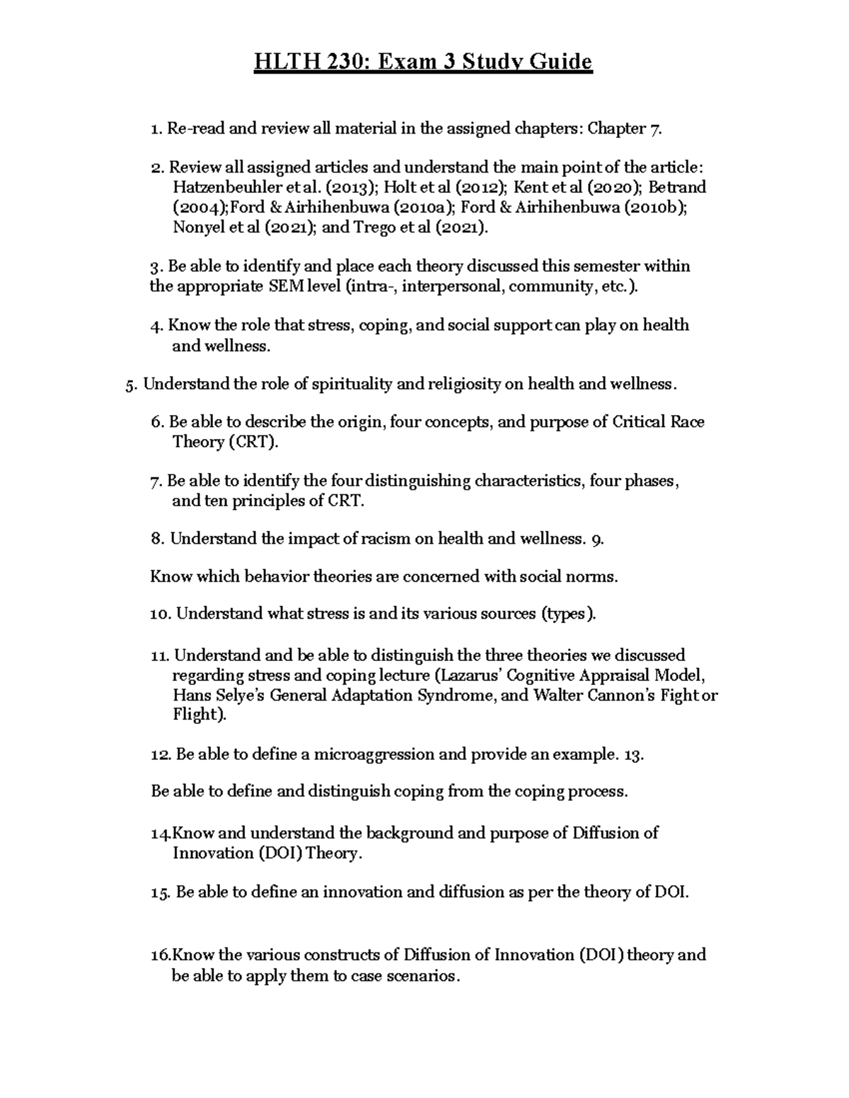HLTH 230: Comprehensive Study Guide for Exam 3 - Studocu