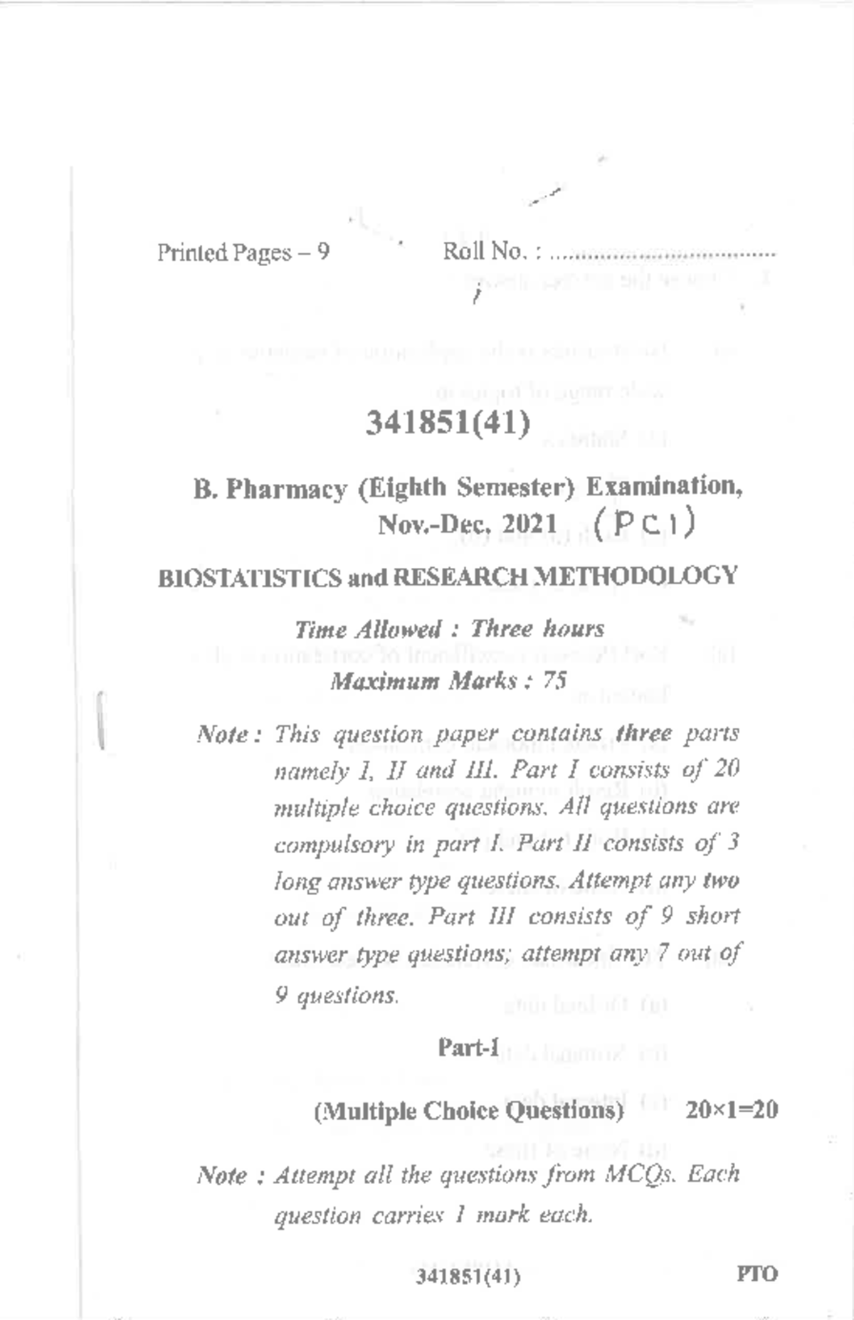 341851(41) B. Pharmacy Biostatistics & Research Methodology Exam Notes ...