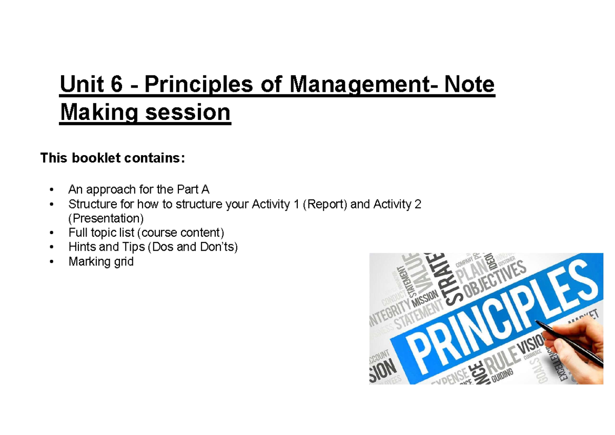 Unit 6 - Principles of Management: Note Making Session Guide - Studocu