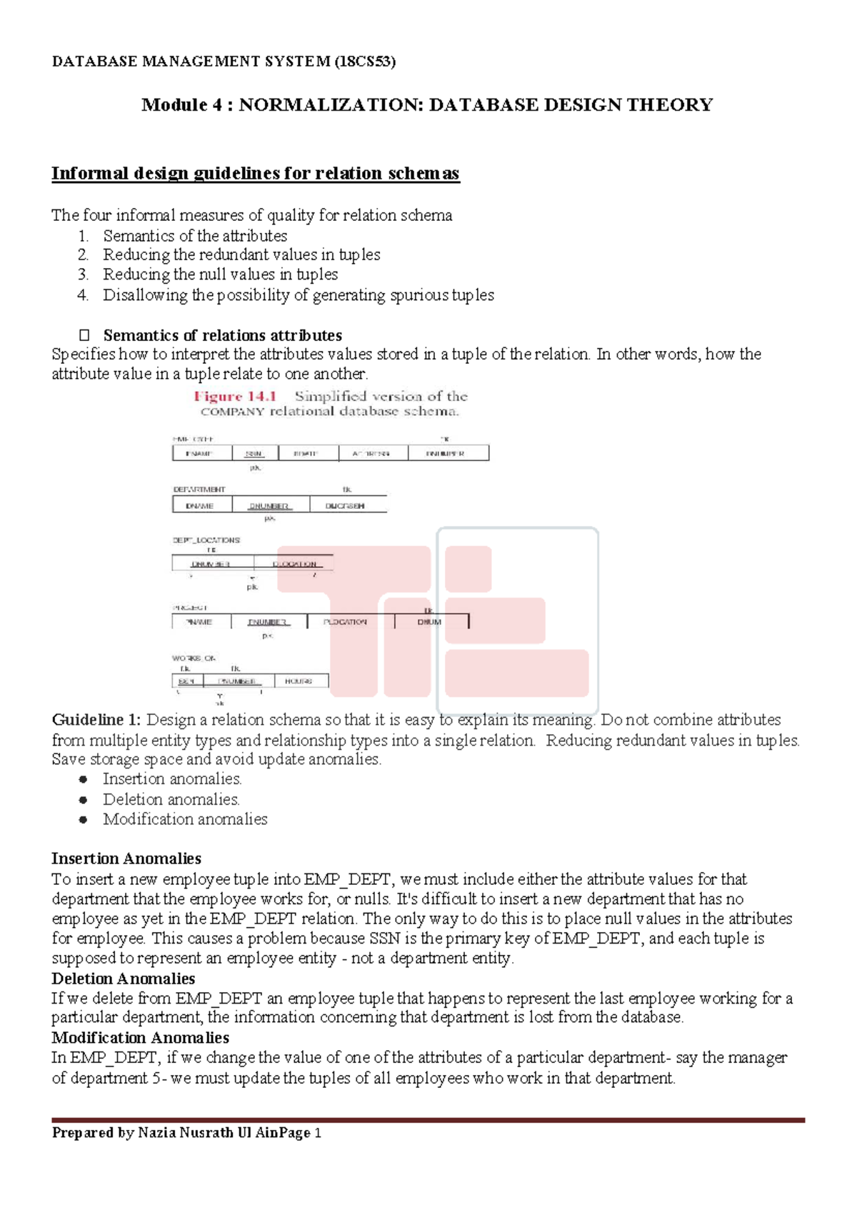 DATABASE MANAGEMENT SYSTEM (18CS53) Module 4: Normalization & Design ...