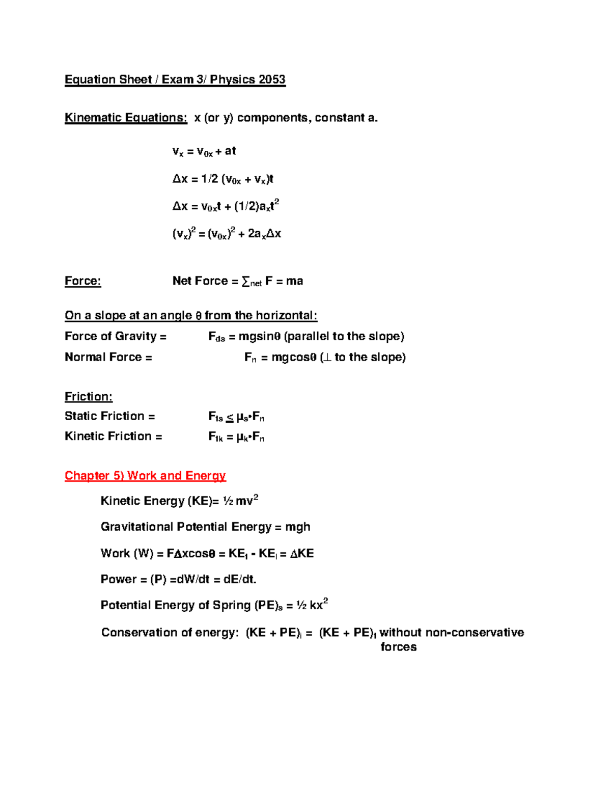 Exam 3 Equation Sheet for Physics 2053: Kinematics & Energy - Studocu
