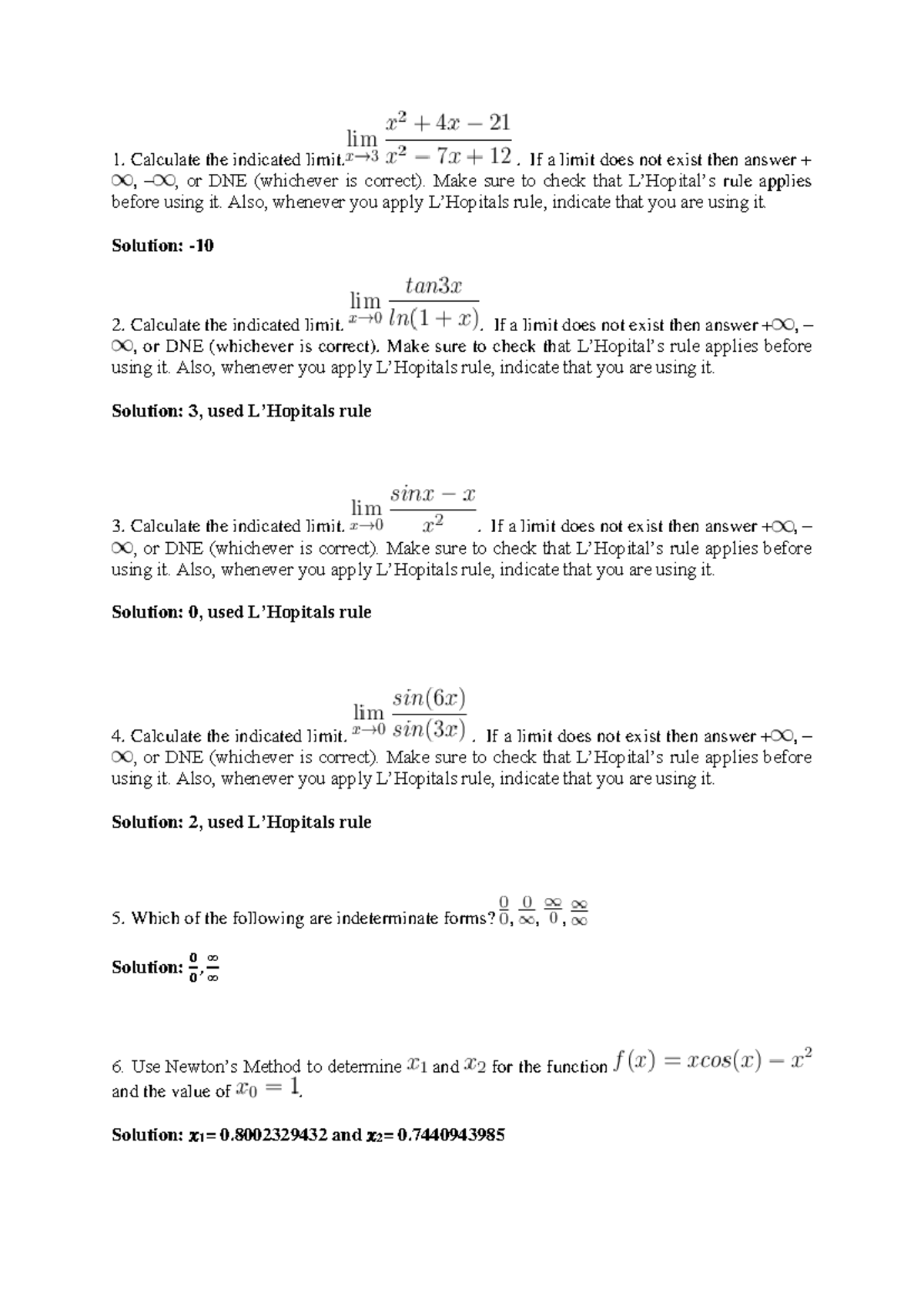 Assignment-Unit7 - Assignment Unit 7 - Calculate the indicated limit ...