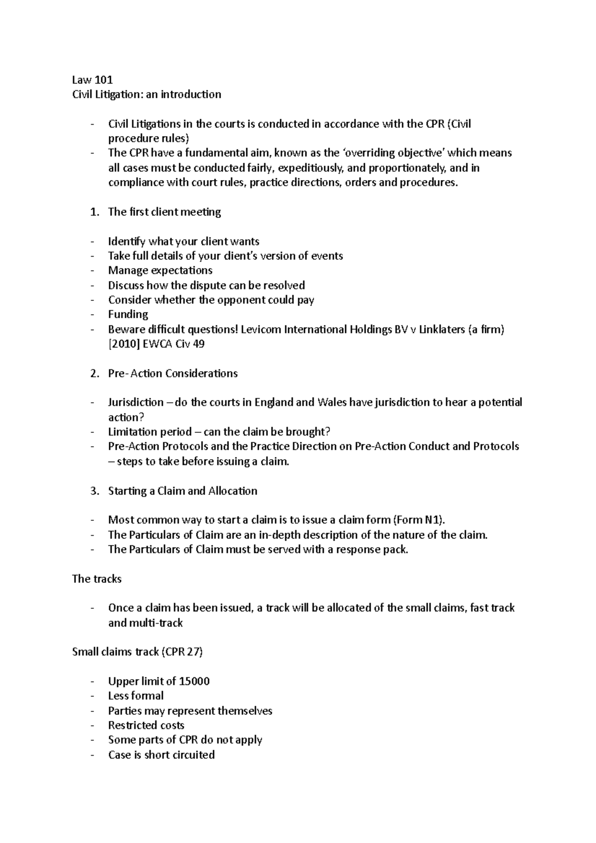 Law 101: Introduction to Civil Litigation Processes and Rules - Studocu