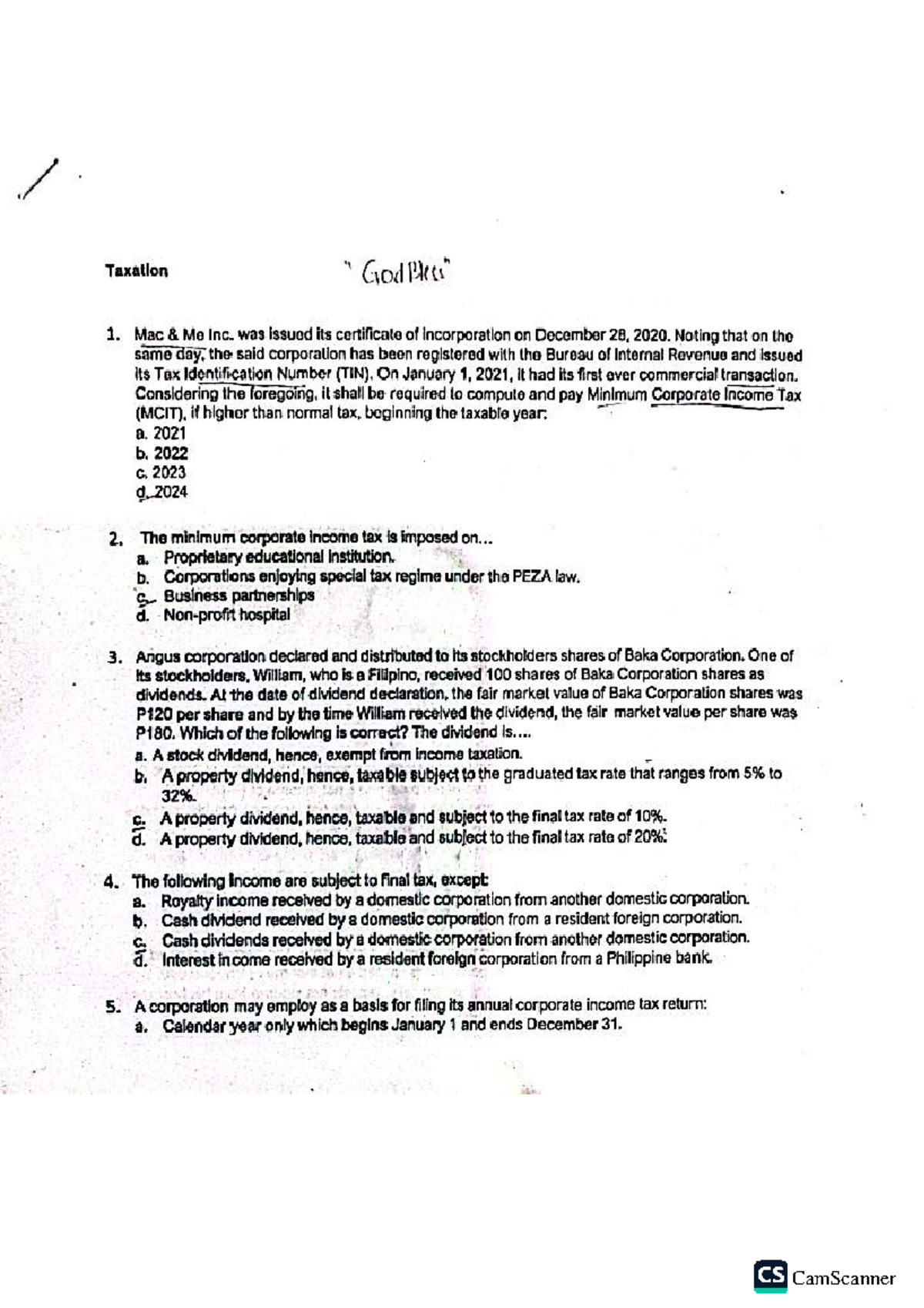 Taxation Notes for W1: Corporate Income Tax and Related Topics - Studocu