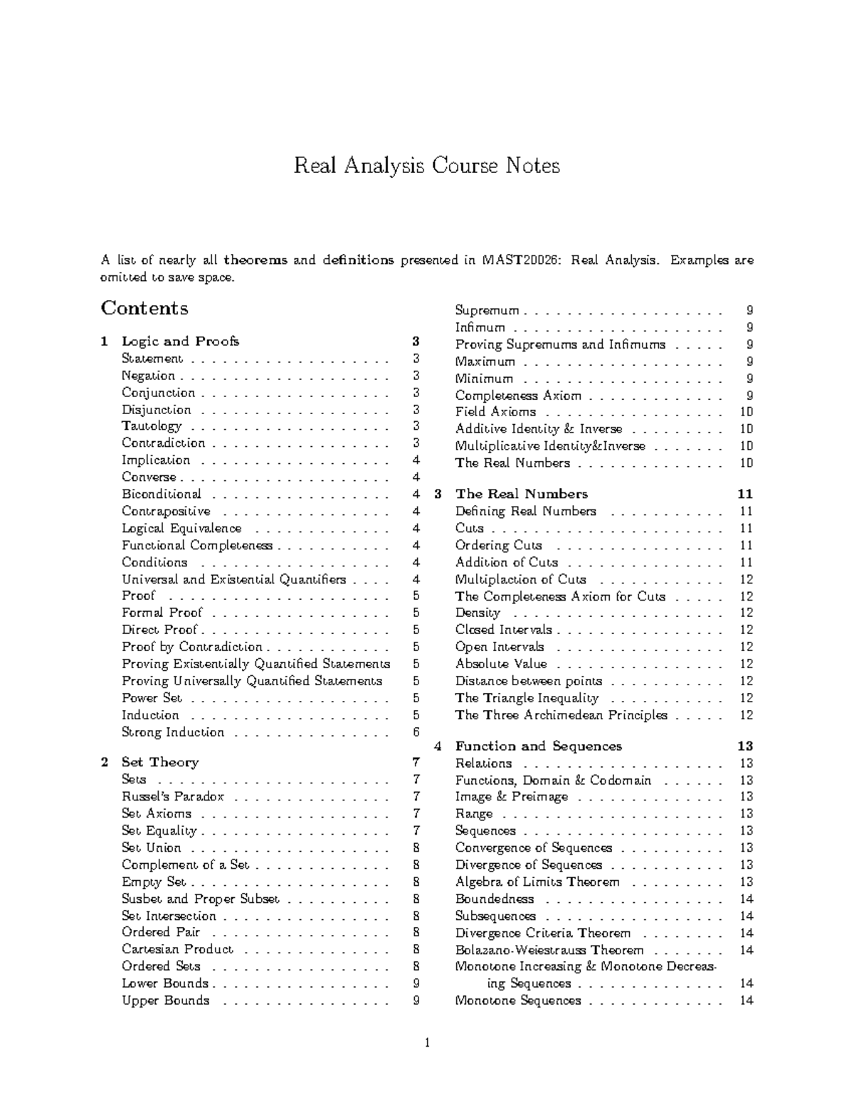 Real Analysis MAST20026 Final Course Notes: Theorems & Definitions ...