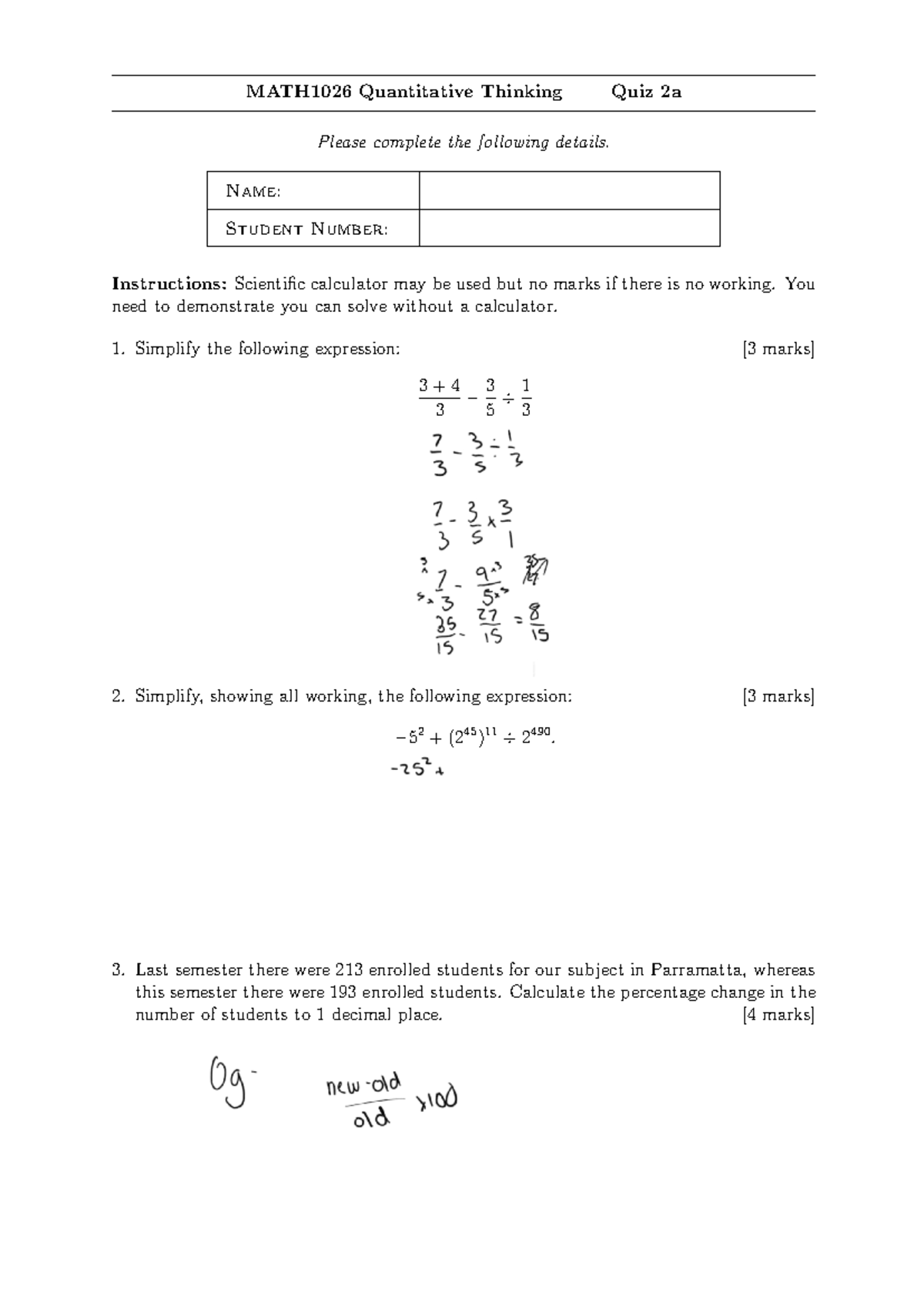 Quiz2 sample - Quant maths quiz - MATH1026 Quantitative Thinking Quiz ...