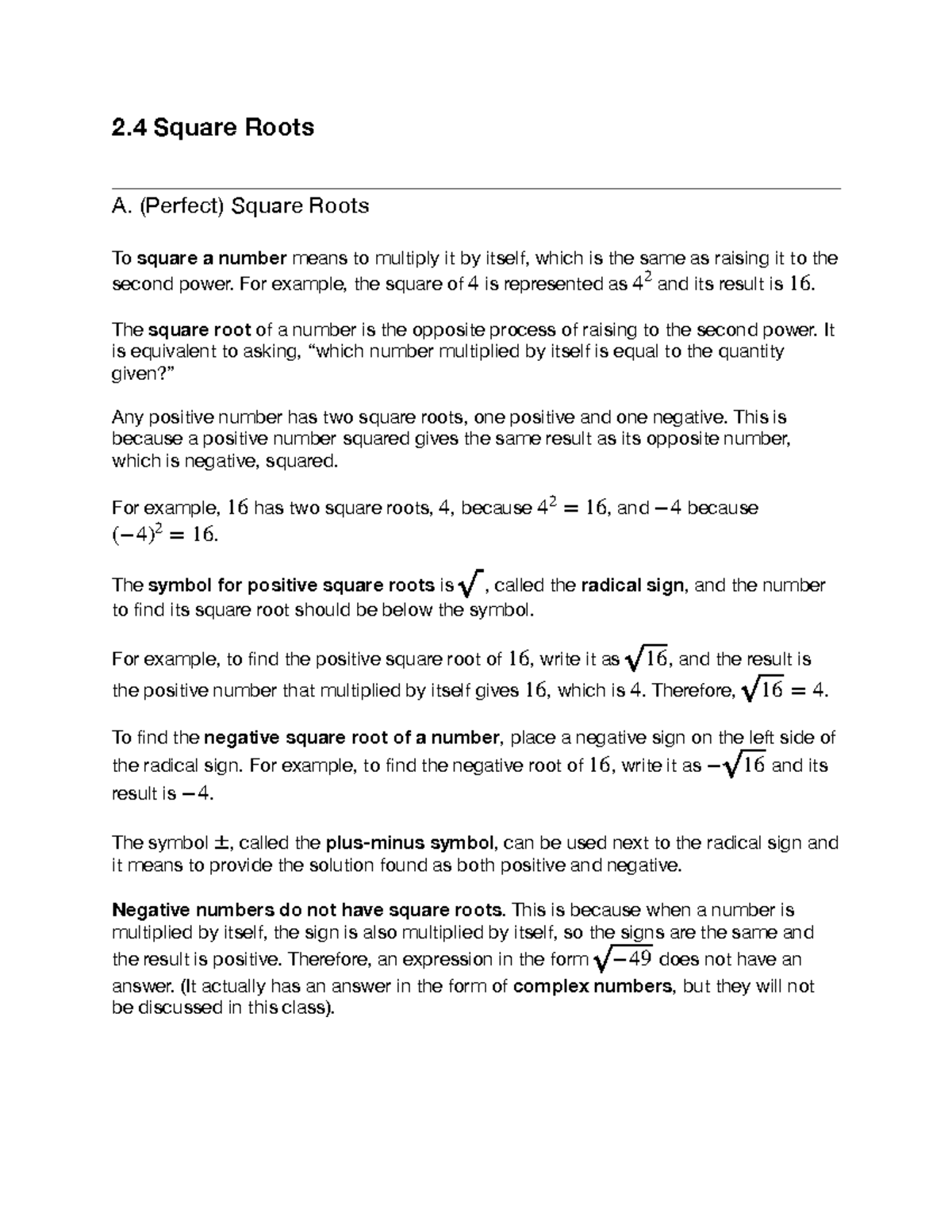 chapter 2 section 4 - notes - 2 Square Roots A. (Perfect) Square Roots ...