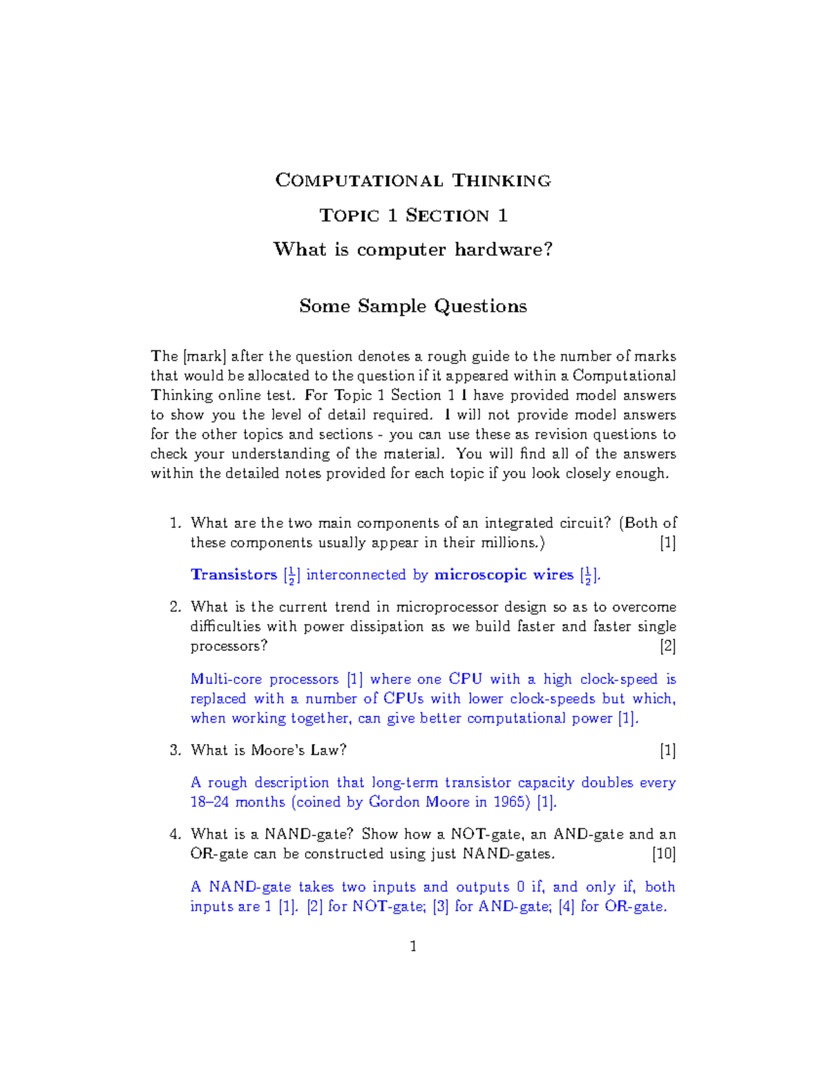 CT 101 Topic 1 Sample Questions: Understanding Computer Hardware - Studocu