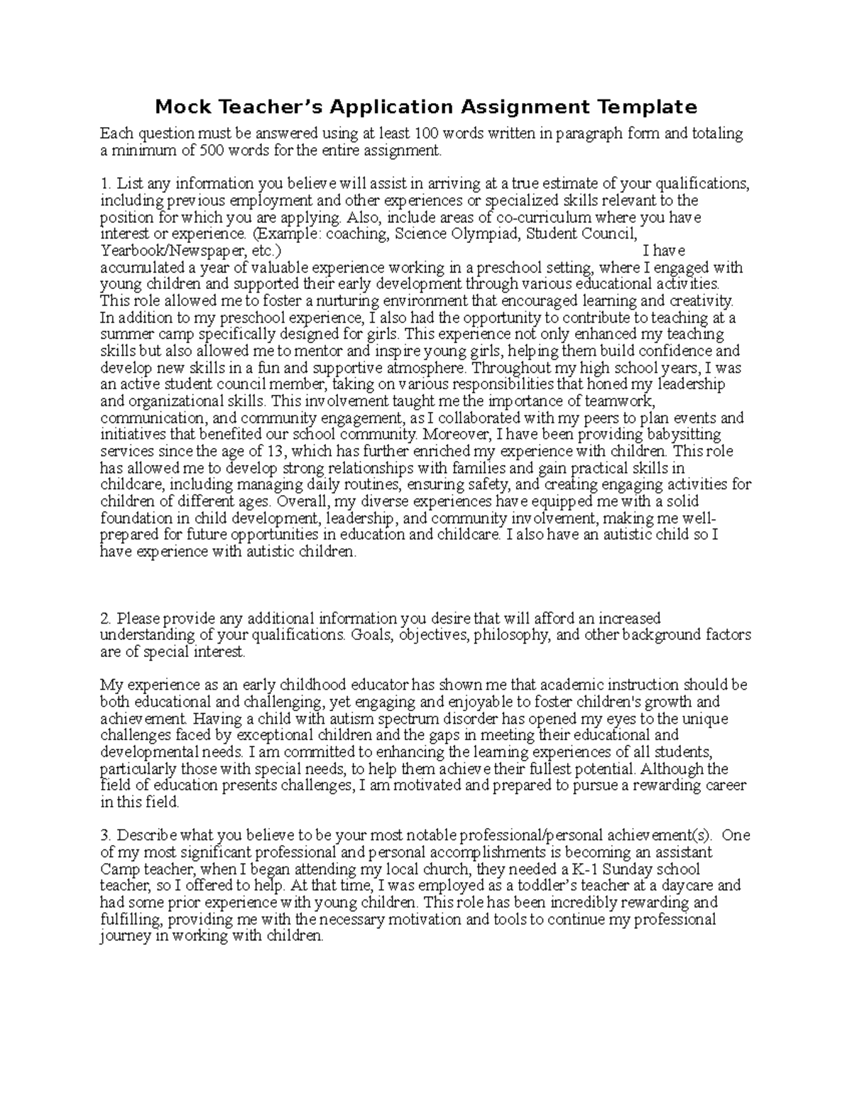 Mock Teacher's Application Assignment Template for Educators - Studocu