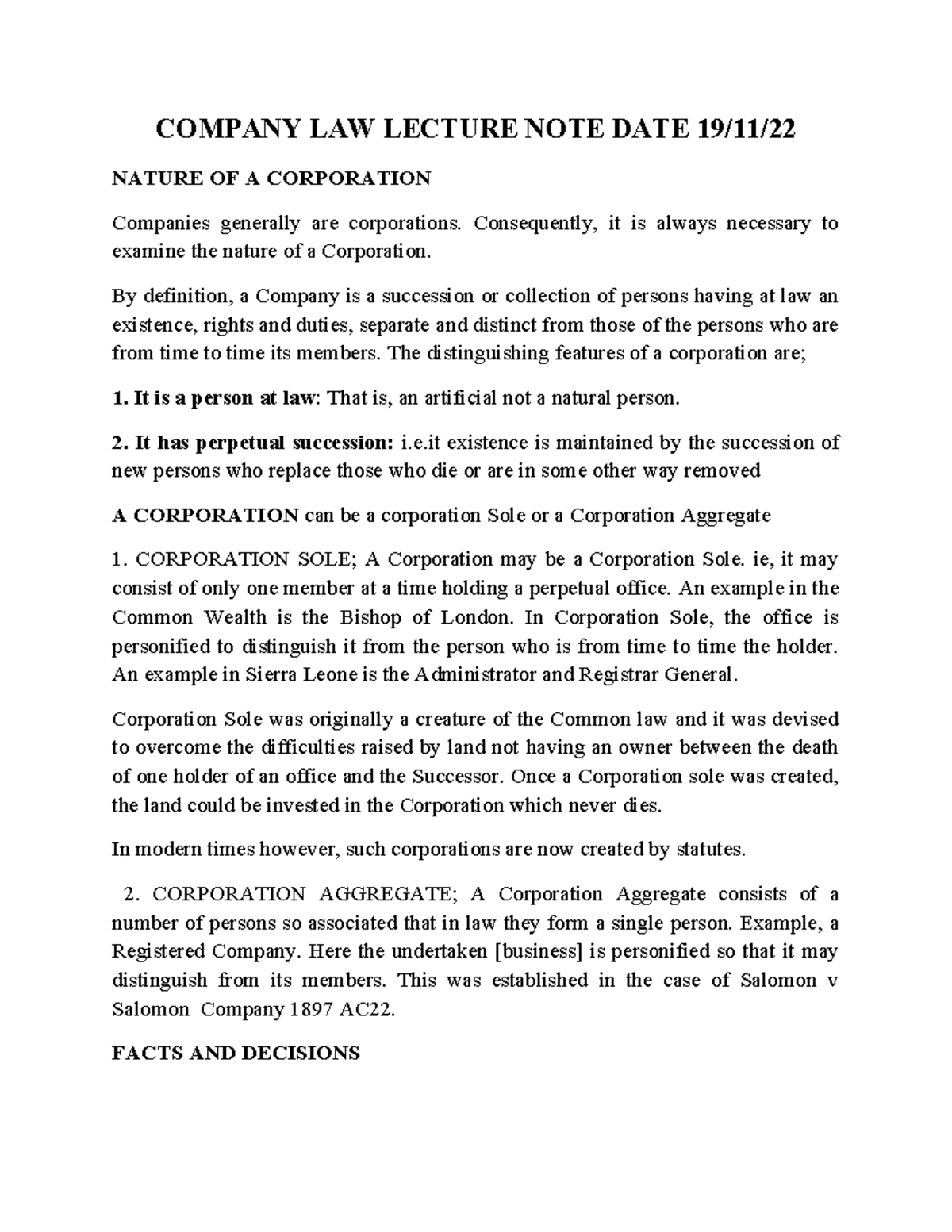 Company Law Lecture Notes: Nature & Types of Corporations (CL 101 ...