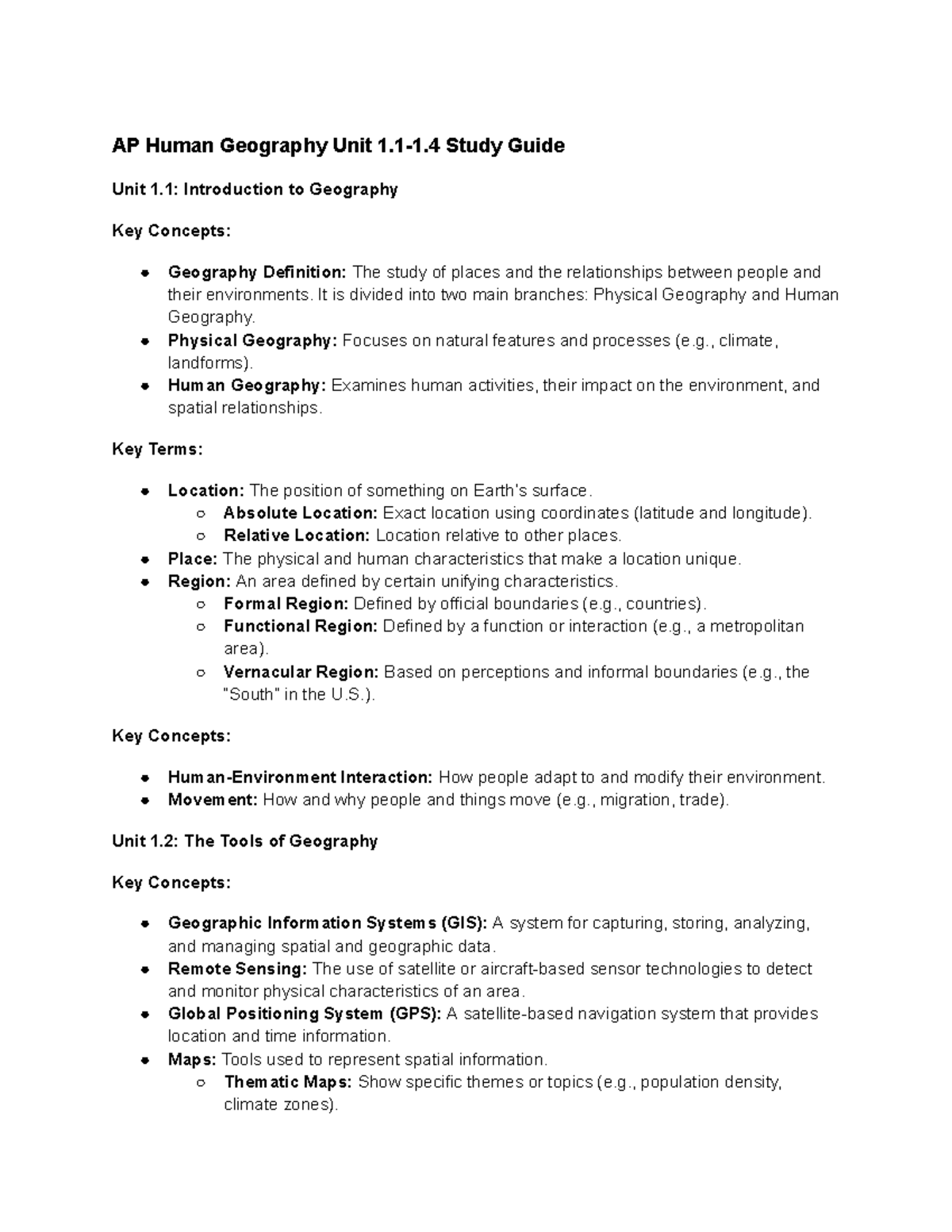 AP Human Geography Unit 1 Study Guide: Key Concepts & Terms - Studocu